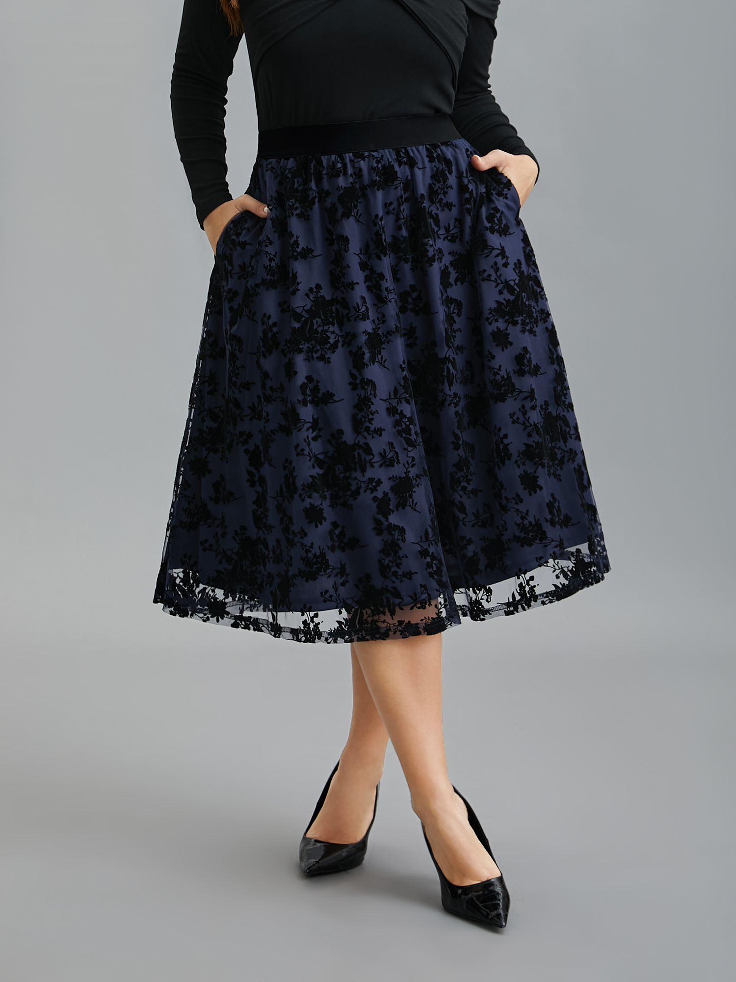 

Plus Size Floral Flocked Flared Midi Skirt Women Indigo Elegant Tiered Low stretch Everyday Skirts BloomChic