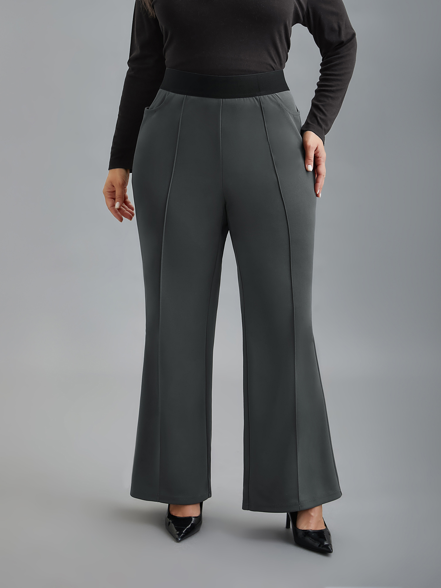 

Plus Size Seamed Front Color Contrast Flared Pants Women DimGray Elegant Bootcut Mid Rise Everyday Pants BloomChic 16/L