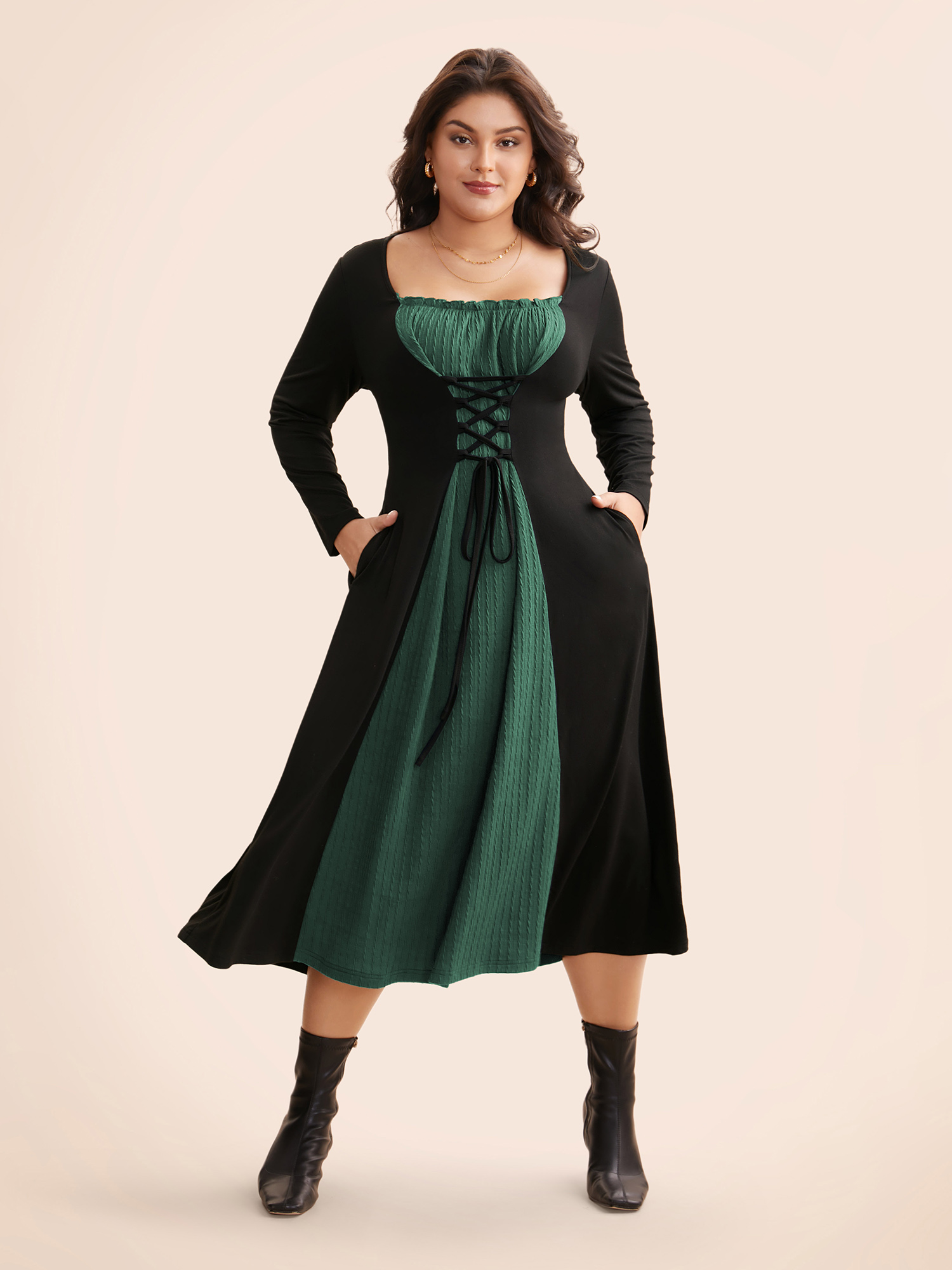 

Plus Size Square Neck Textured Patchwork Crisscross Dress Emerald Women Elegant Wraparound straps Square Neck Long Sleeve Curvy BloomChic