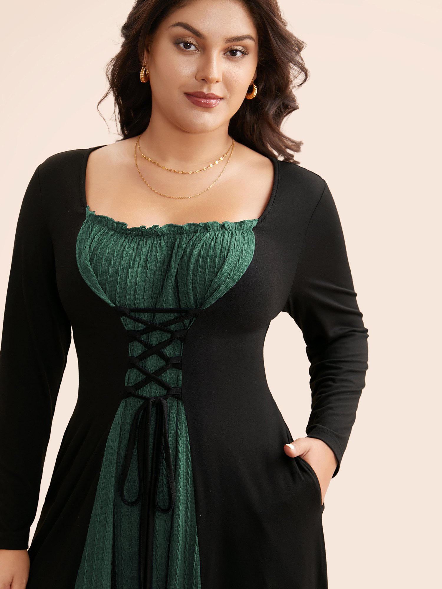 

Plus Size Square Neck Textured Patchwork Crisscross Dress Emerald Women Elegant Wraparound straps Square Neck Long Sleeve Curvy BloomChic