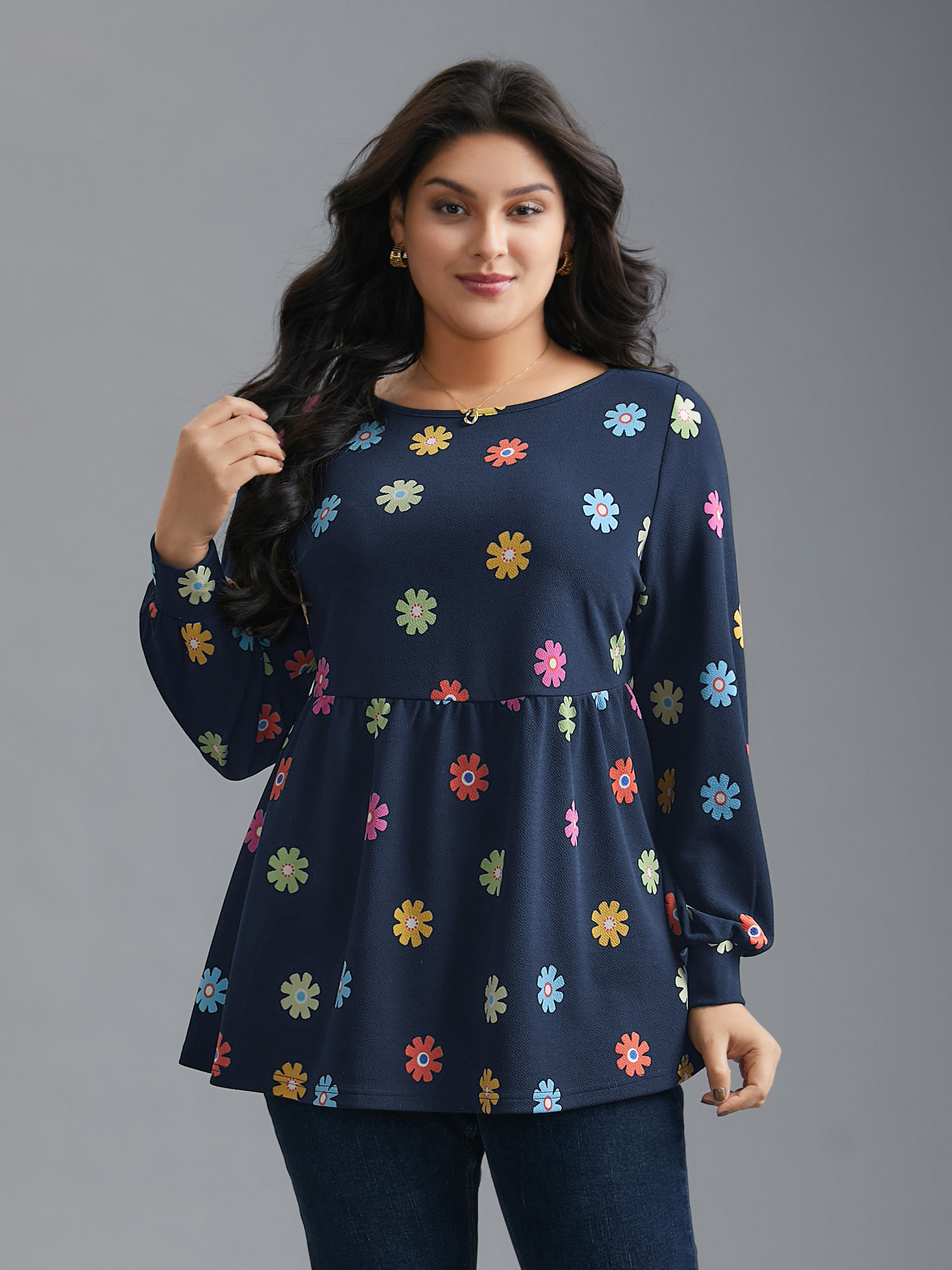 

Plus Size Multi-Color Floral Textured Stretchy Knit Top Indigo Round Neck Extra Long Sleeve Elegant Jersey Tops