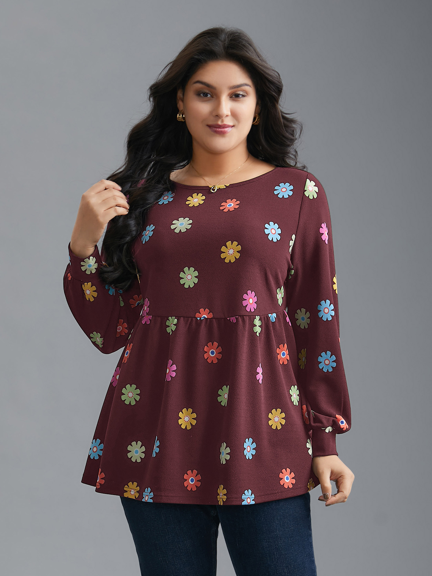 

Plus Size Multi-Color Floral Textured Stretchy Knit Top Burgundy Round Neck Extra Long Sleeve Elegant Jersey Tops