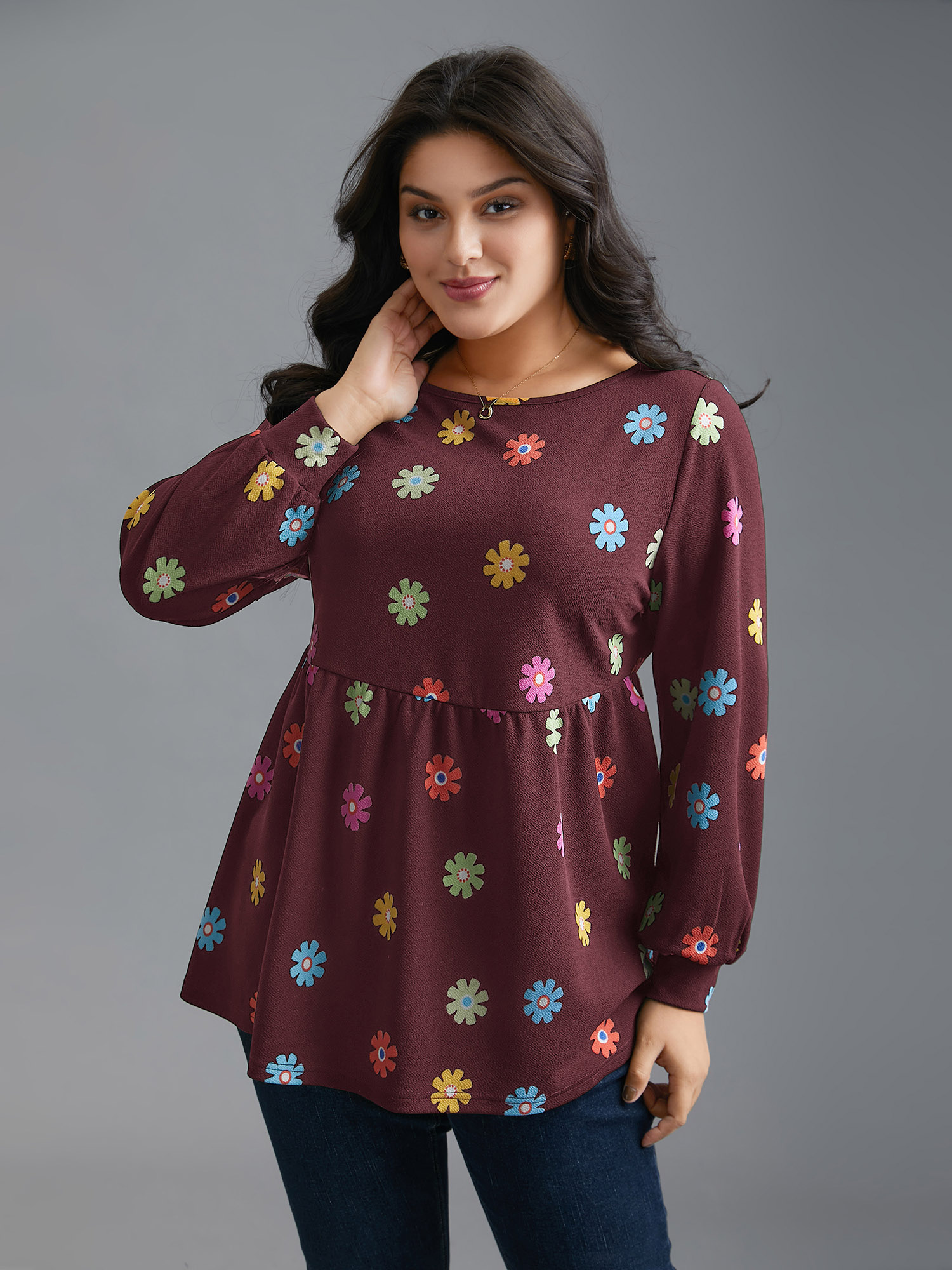 

Plus Size Multi-Color Floral Textured Stretchy Knit Top Burgundy Round Neck Extra Long Sleeve Elegant Jersey Tops