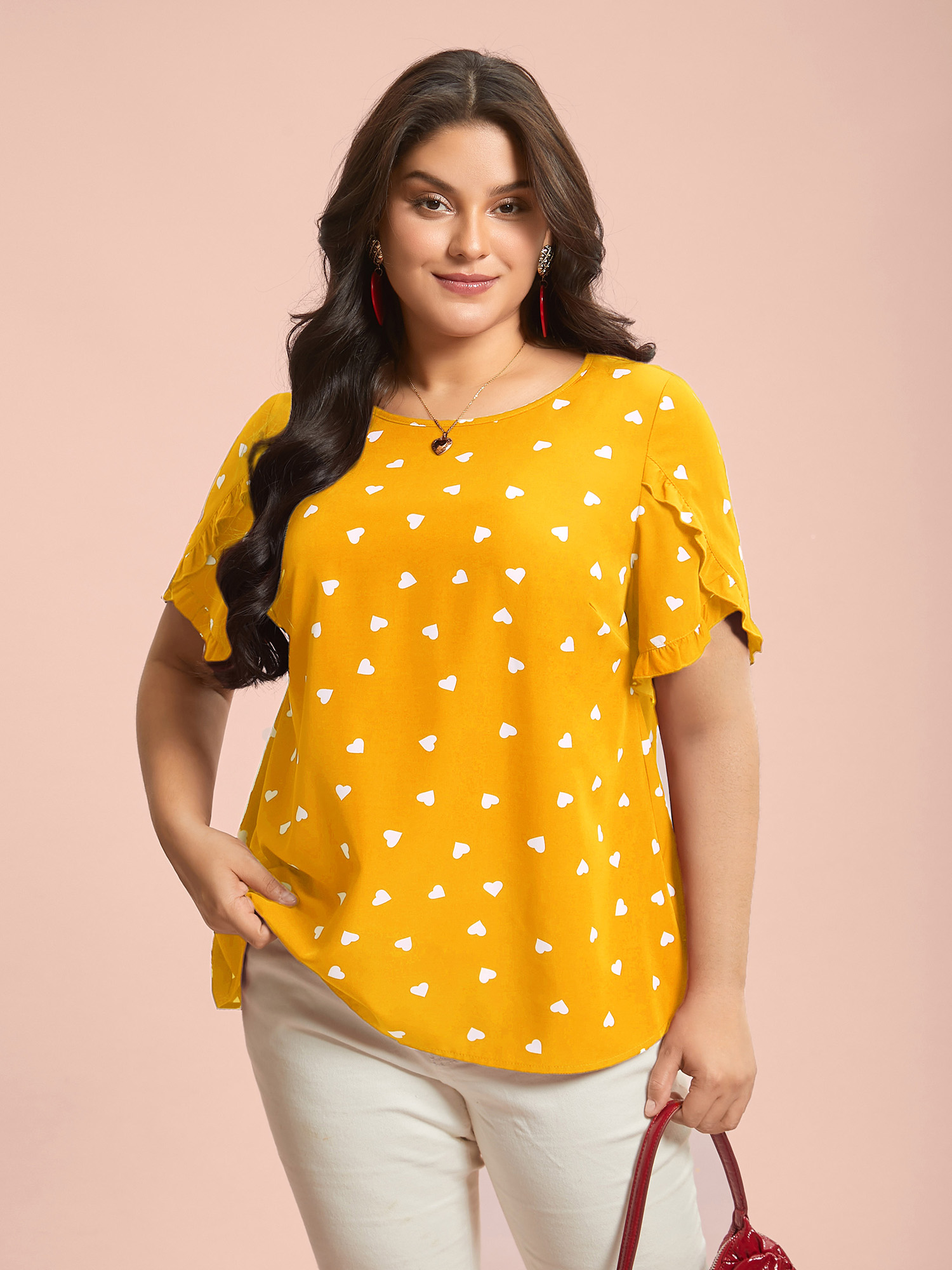 

Plus Size Turmeric Ruffled Overlap Sleeve Heart Pattern Blouse Women Elegant Short sleeve Round Neck Everyday Blouses BloomChic