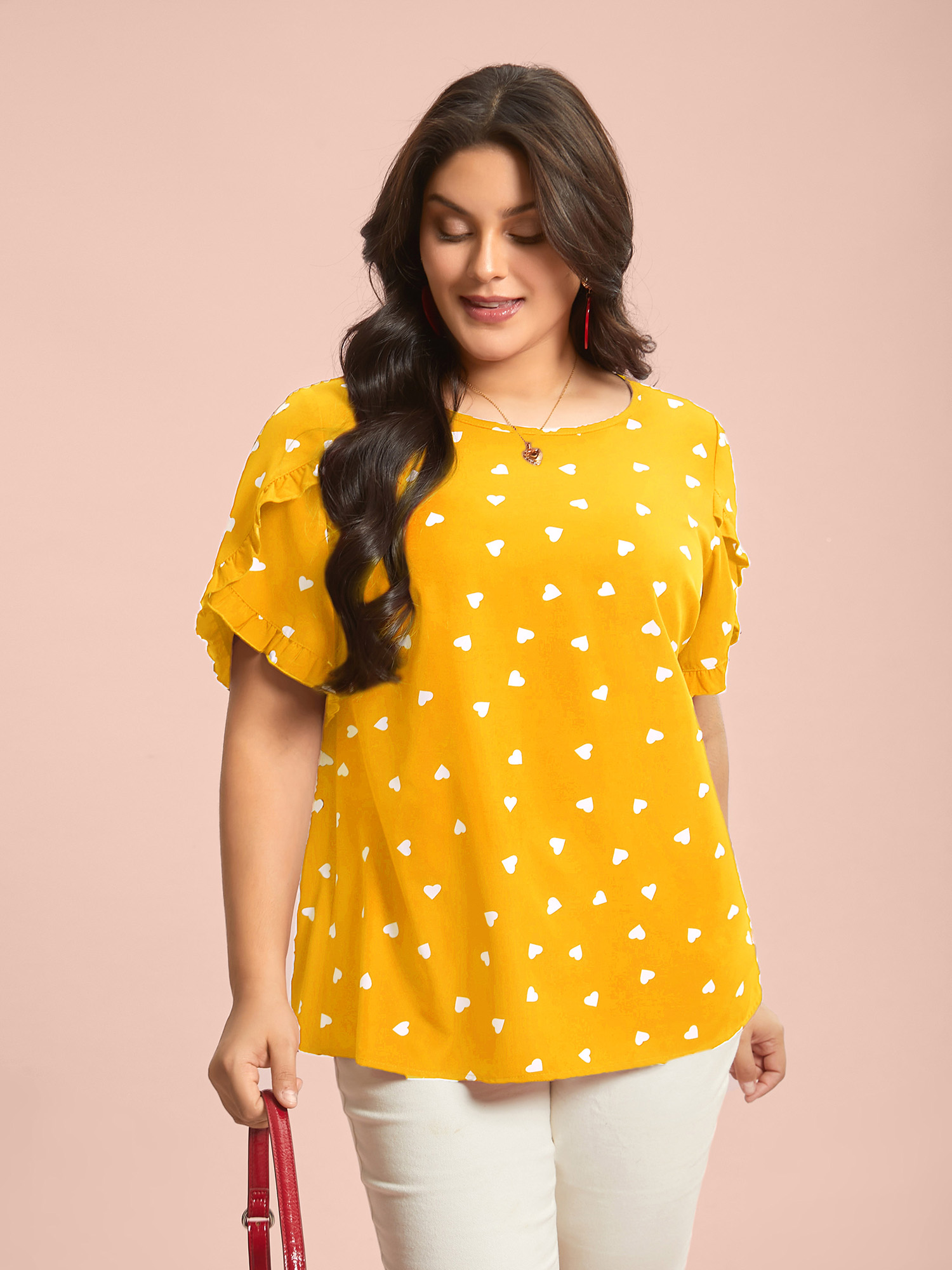 

Plus Size Turmeric Ruffled Overlap Sleeve Heart Pattern Blouse Women Elegant Short sleeve Round Neck Everyday Blouses BloomChic