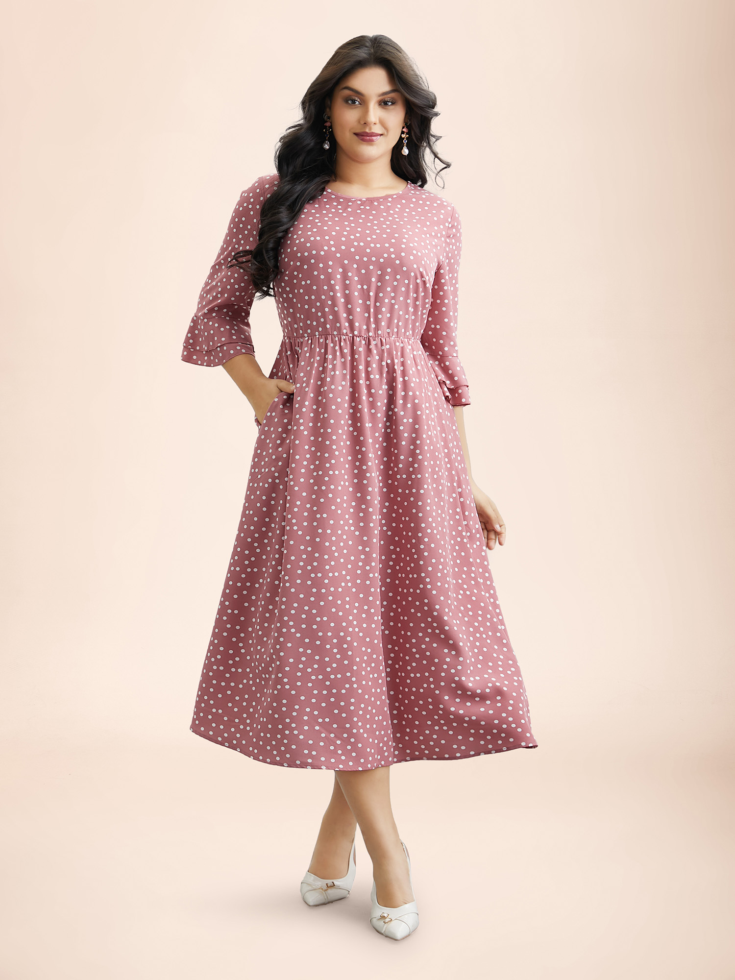 

Plus Size Polka Dot Print Tiered Ruffles Sleeve Midi Dress Watermelon Women Elegant Ruffles Round Neck Elbow-length sleeve Curvy BloomChic