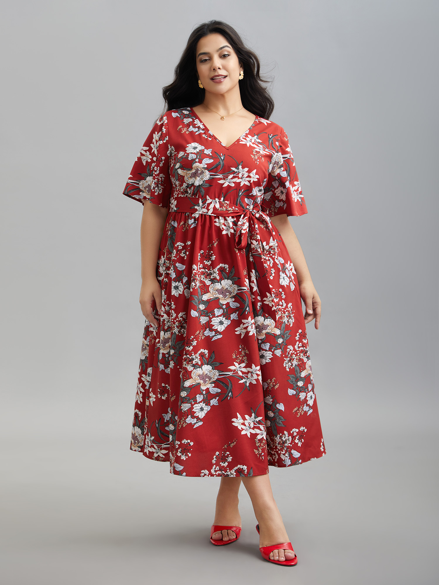 

Plus Size Floral Print Waist-Tie V-Neck Midi Dress Scarlet Women Elegant Belted V-neck Half Sleeve Curvy BloomChic