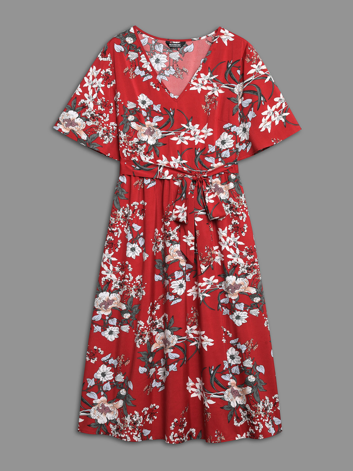 

Plus Size Floral Print Waist-Tie V-Neck Midi Dress Scarlet Women Elegant Belted V-neck Half Sleeve Curvy BloomChic