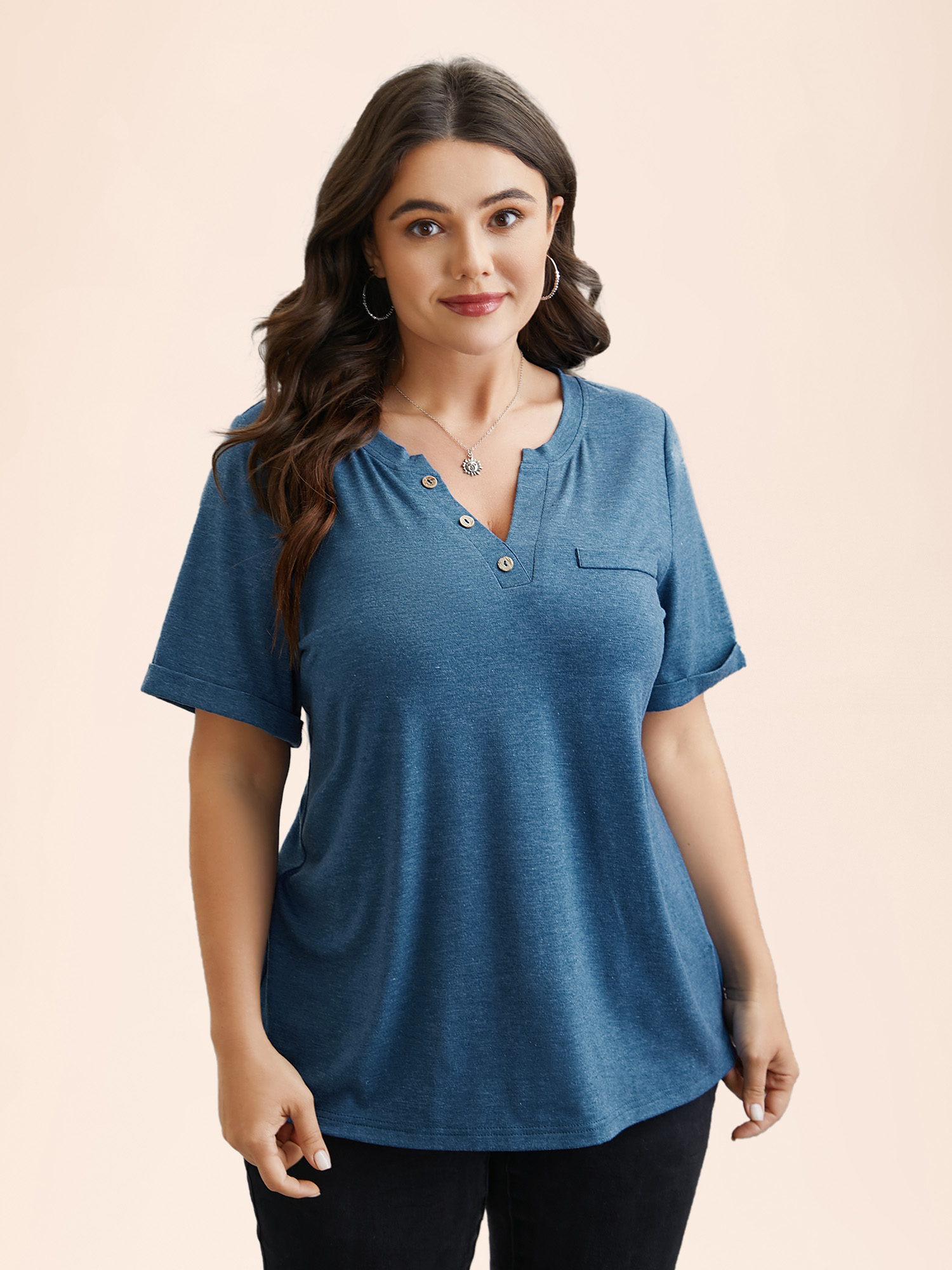 

Plus Size Button-Front Half Sleeve Fitted T-Shirt Cerulean Women Casual Roll Hem Notched collar Everyday T-shirts BloomChic