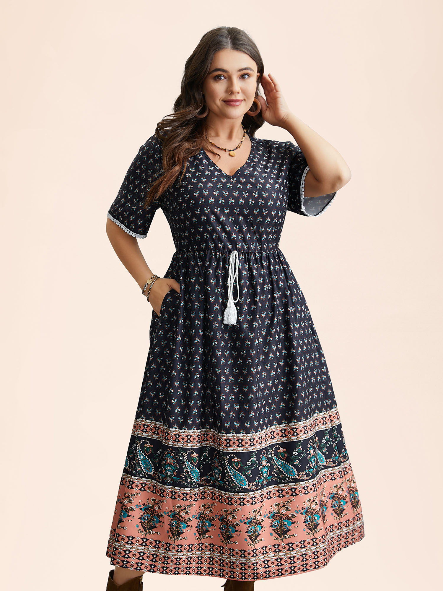 Plus Size Boho Print Tassel-Tie Pockets Midi Dress DarkBlue Women Resort Woven ribbon&lace trim V-neck Short sleeve Curvy BloomChic 28/5X 
