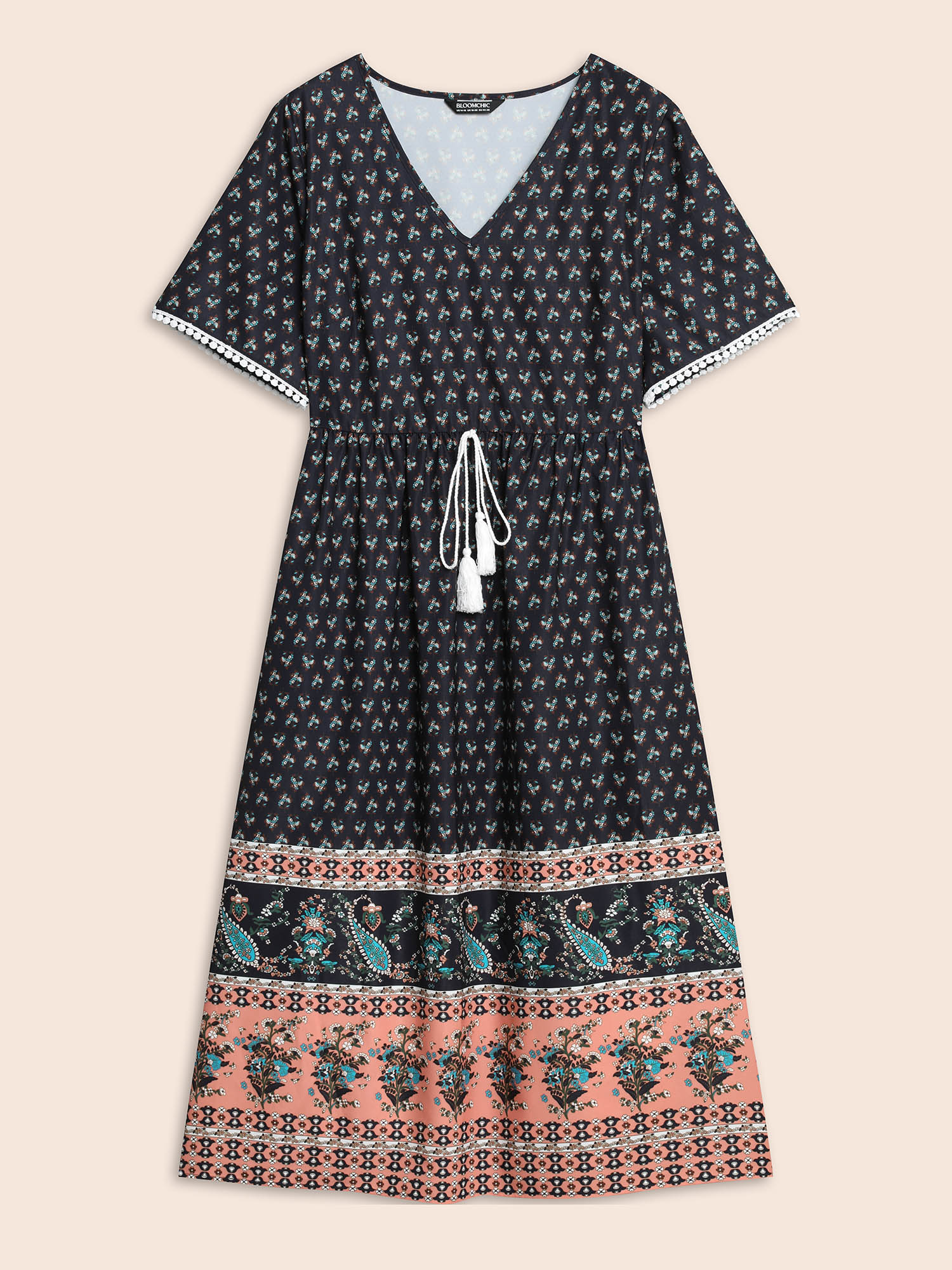 Plus Size Boho Print Tassel-Tie Pockets Midi Dress DarkBlue Women Resort Woven ribbon&lace trim V-neck Short sleeve Curvy BloomChic 28/5X 