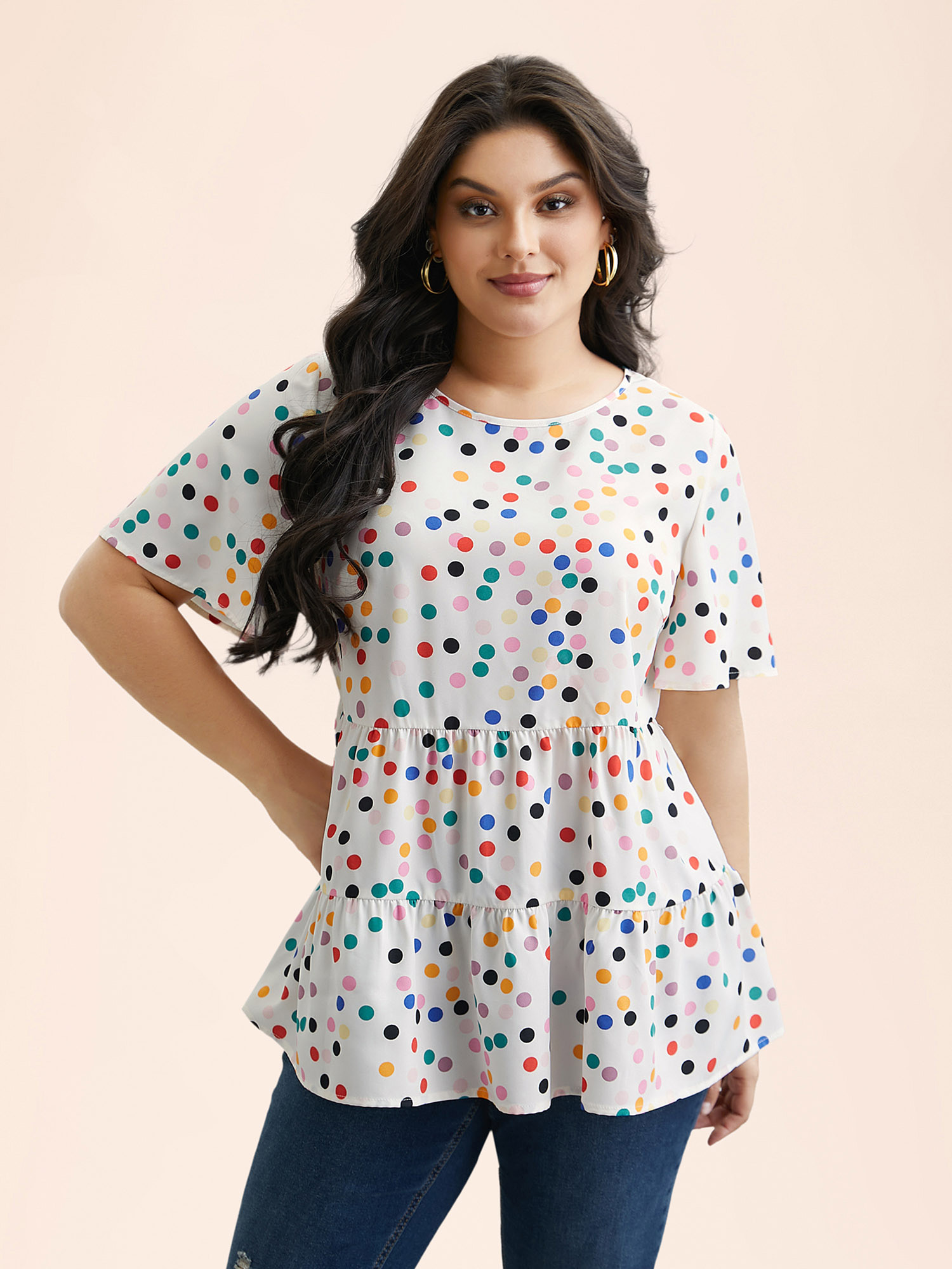 

Plus Size Ivory Multi-Color Dots Print Tiered Blouse Women Resort Short sleeve Round Neck Vacation Blouses BloomChic