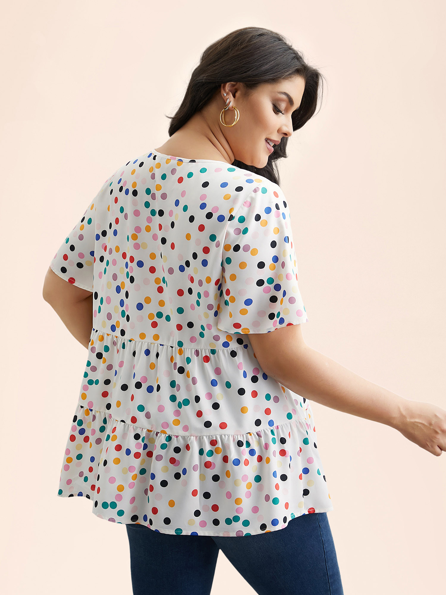 

Plus Size Ivory Multi-Color Dots Print Tiered Blouse Women Resort Short sleeve Round Neck Vacation Blouses BloomChic