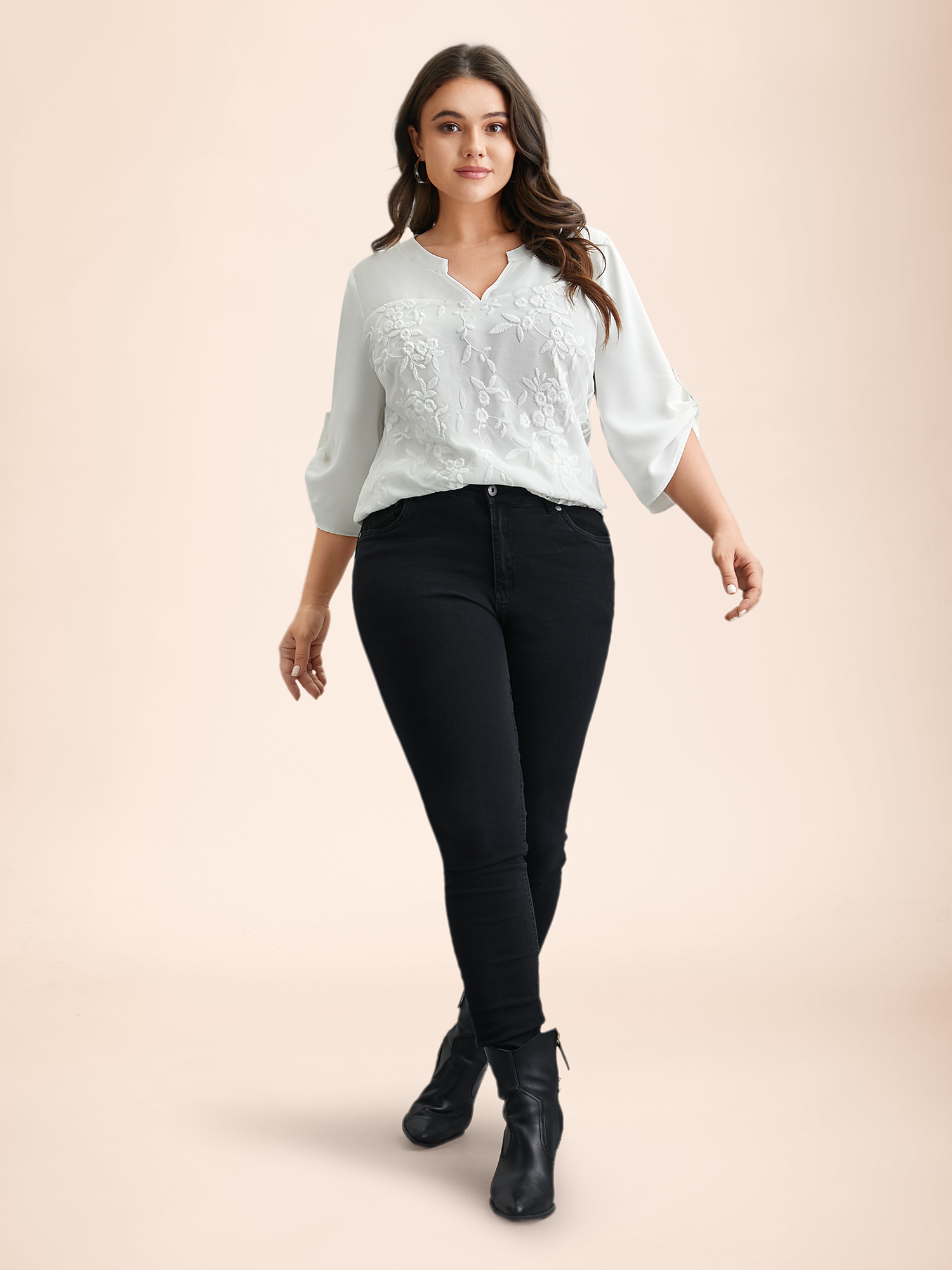 

Plus Size WhiteSmoke Lace Patchwork Gathered Tab Sleeve Shirt Women Casual Elbow-length sleeve Notched collar Everyday Blouses BloomChic