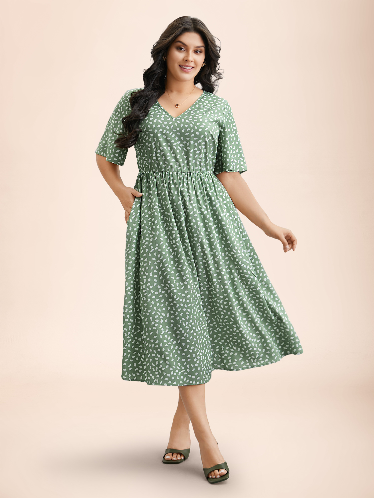 

Plus Size Polka Dot Print V-Neck Half Sleeve Midi Dress Greenbean Women Elegant Non V-neck Short sleeve Curvy BloomChic