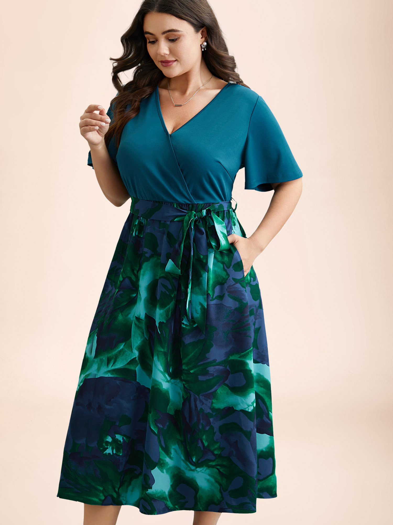 

Plus Size Tropical Print Wrap Neck Waist-Tie Dress Emerald Women Elegant Belted Knit Dresses Bloomchic