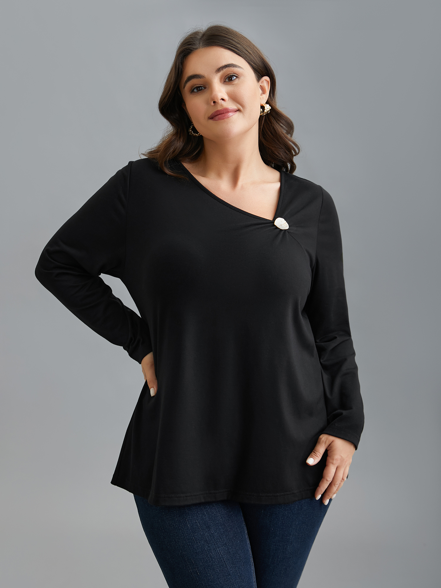 

Plus Size Supersoft Asymmetrical Neckline Stretchy Top Black Asymmetrical Neck Extra Long Sleeve Elegant Jersey Tops