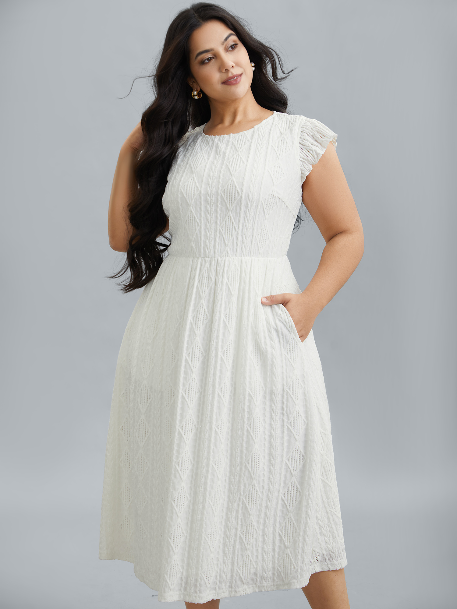 

Plus Size Flutter Sleeve Textured Pockets Midi Dress Ivory Women Casual Texture Round Neck Cap Sleeve Curvy BloomChic