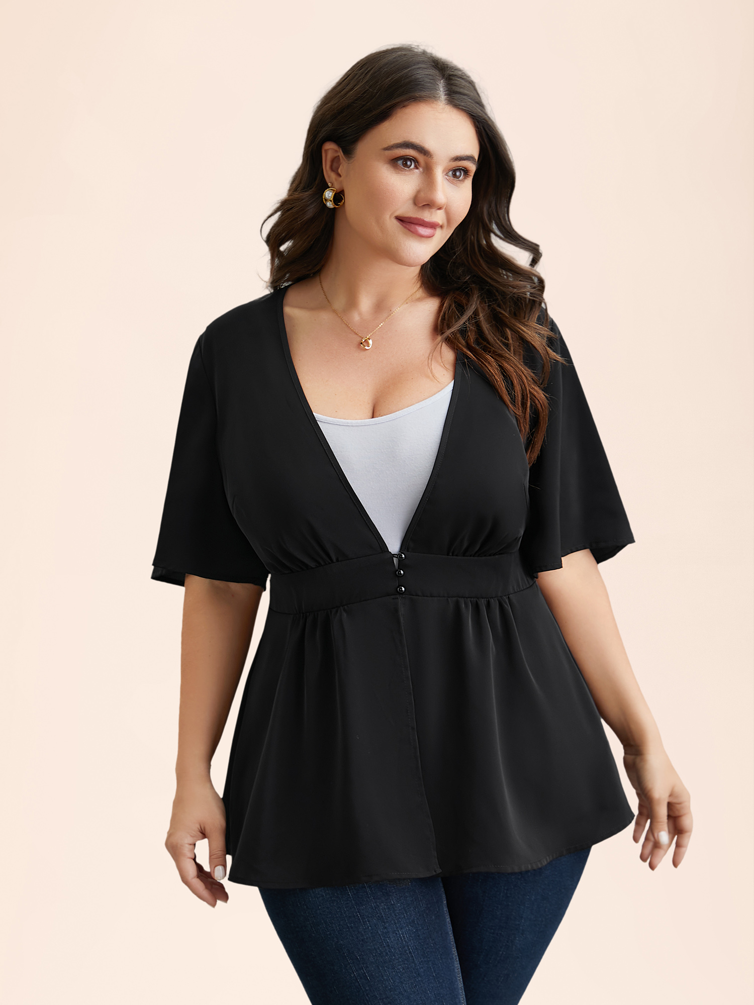 

Plus Size Black V-Neck Stretchy-Waist Button Flared Blouse Women Elegant Short sleeve Deep V-neck Everyday Blouses BloomChic