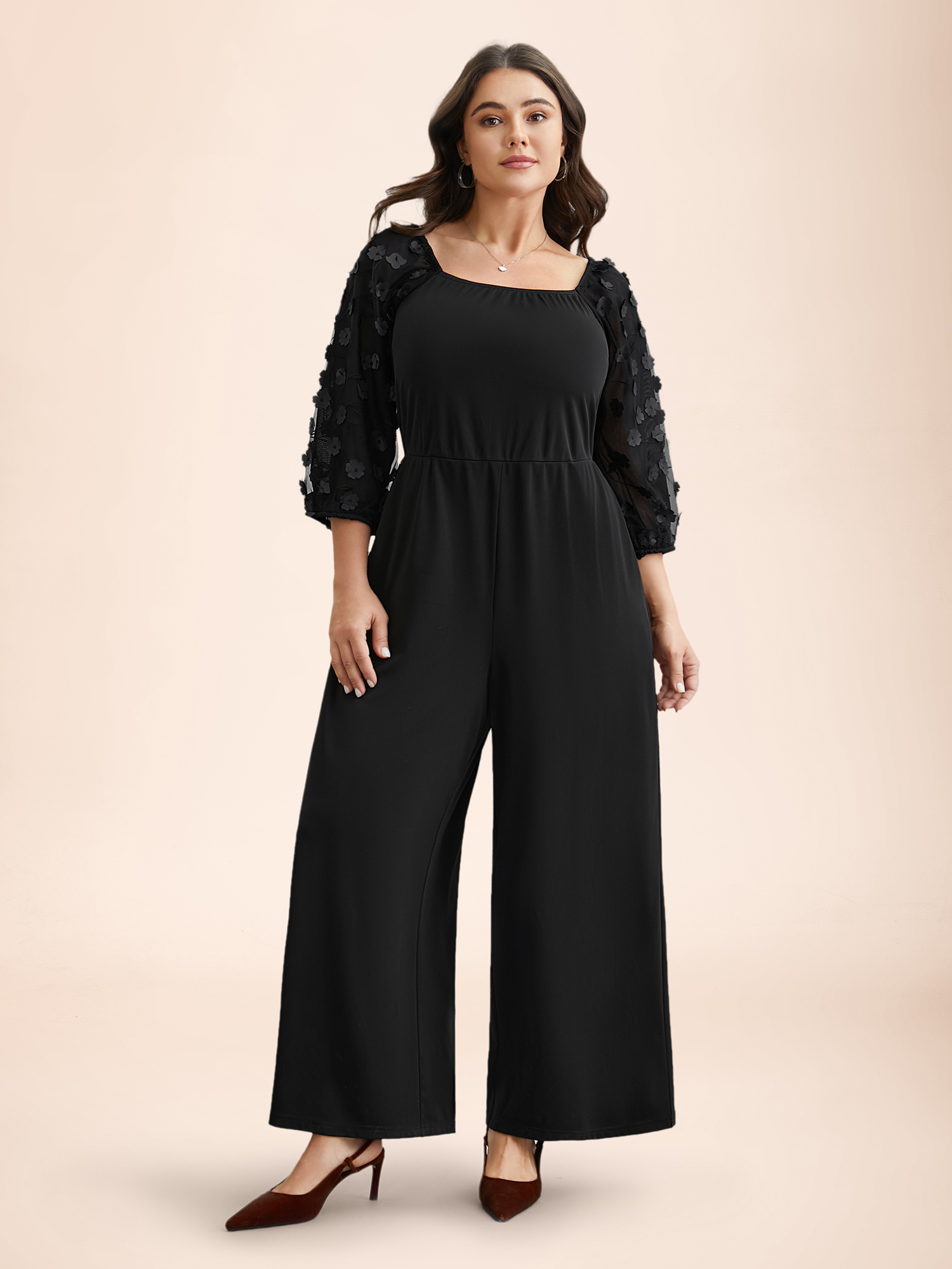 

Plus Size Black Floral Mesh Sleeve Pockets Straight-Leg Jumpsuit Women Elegant Elbow-length sleeve Square Neck Everyday Loose Jumpsuits BloomChic