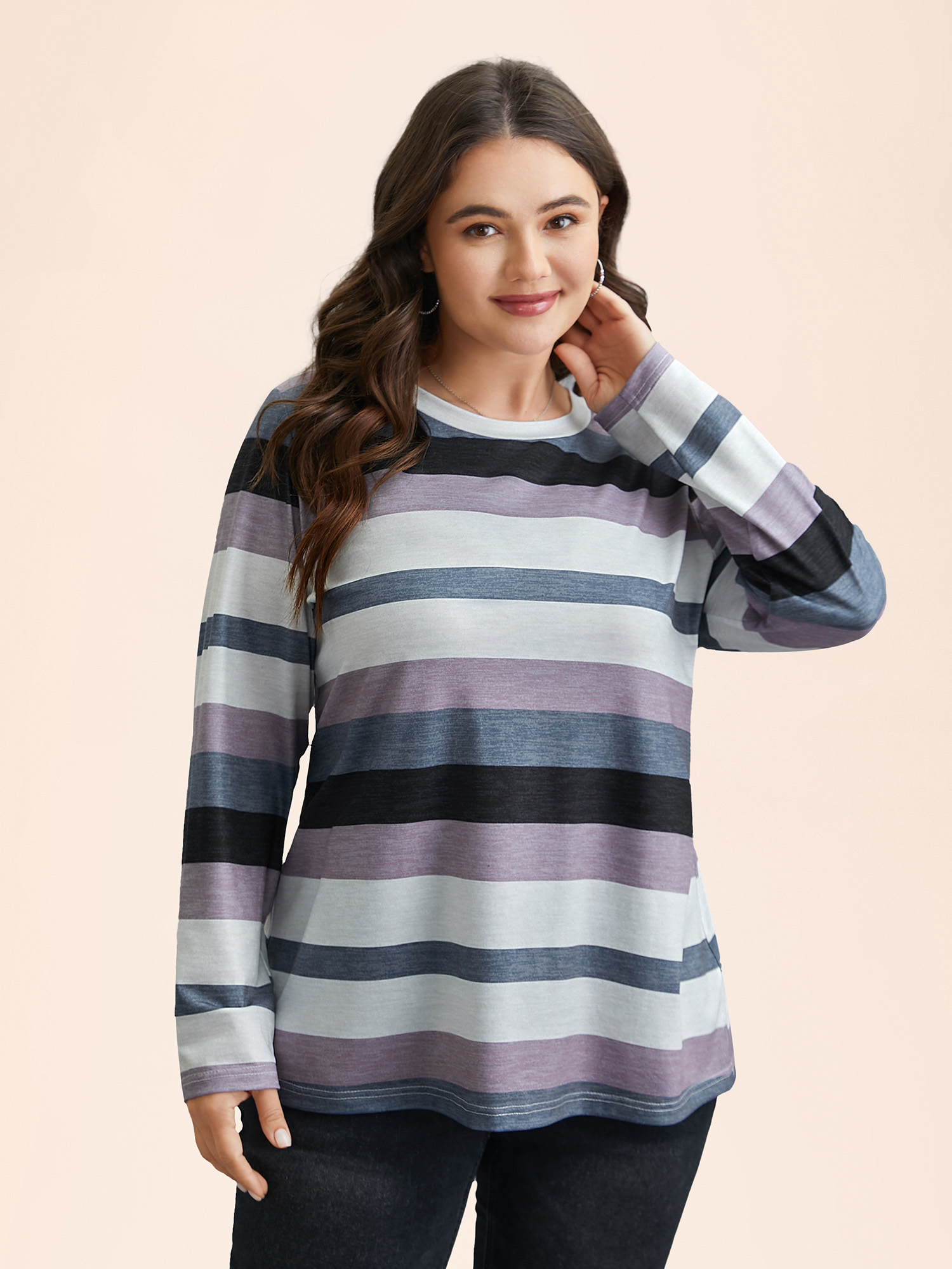 

Plus Size Multi-Color Stripes Stretchy T-Shirt Multicolor Women Casual Contrast Round Neck Everyday T-shirts BloomChic