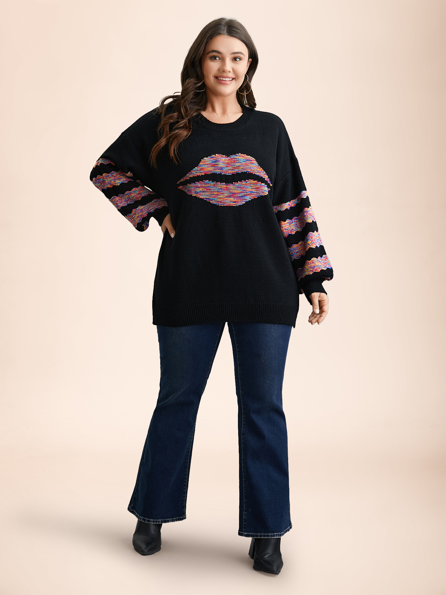 

Plus Size Lips Motif Jacquard Color Contrast Pullover Black Women Casual Loose Long Sleeve Round Neck Everyday Pullovers BloomChic