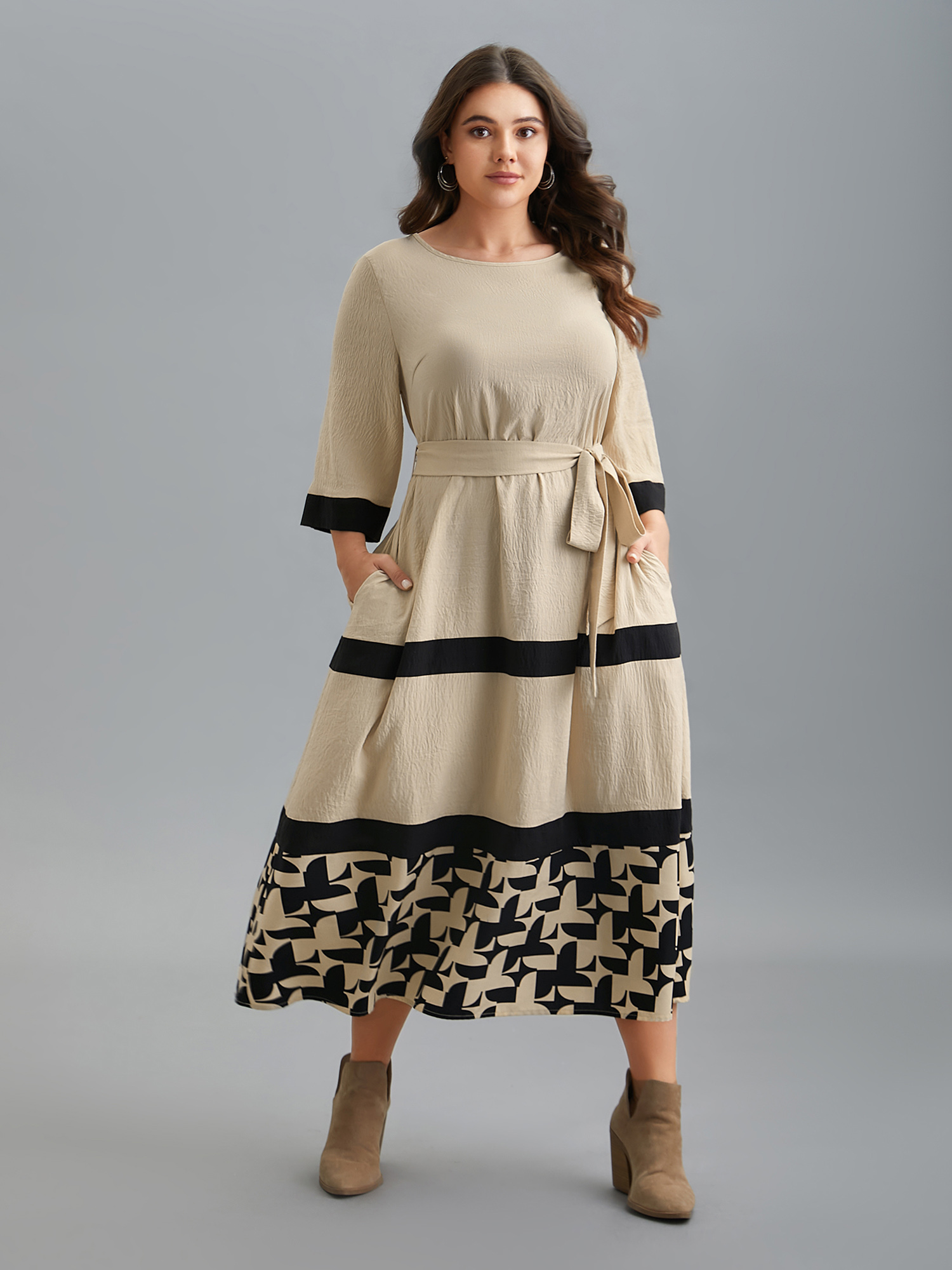 

Plus Size Color-Block Belted Pockets Midi Dress Apricot Women Casual Texture Round Neck Elbow-length sleeve Curvy BloomChic