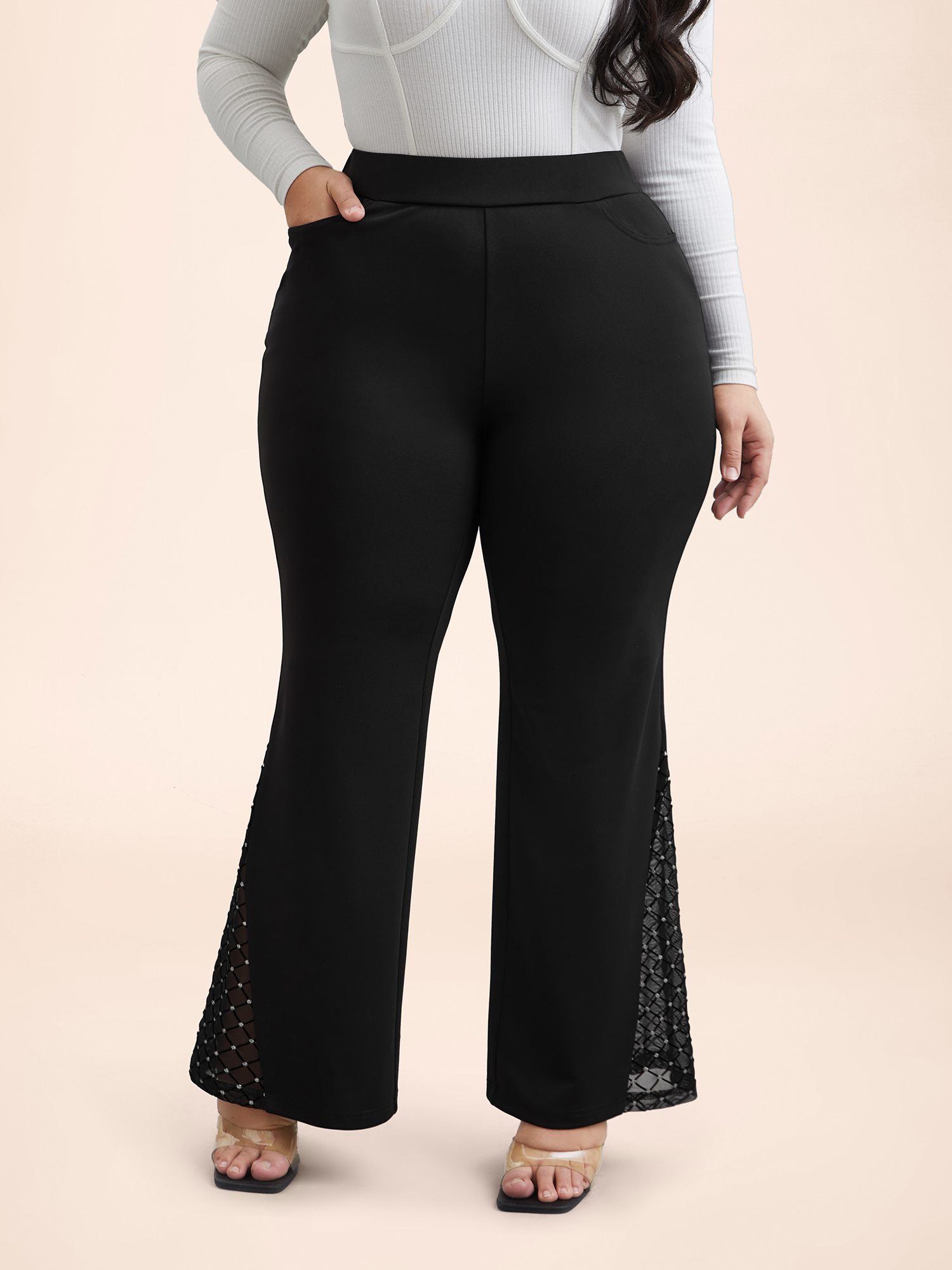 

Plus Size Mesh Spliced Mid Rise Flared Pants Women Black Elegant Bootcut Mid Rise Everyday Pants BloomChic