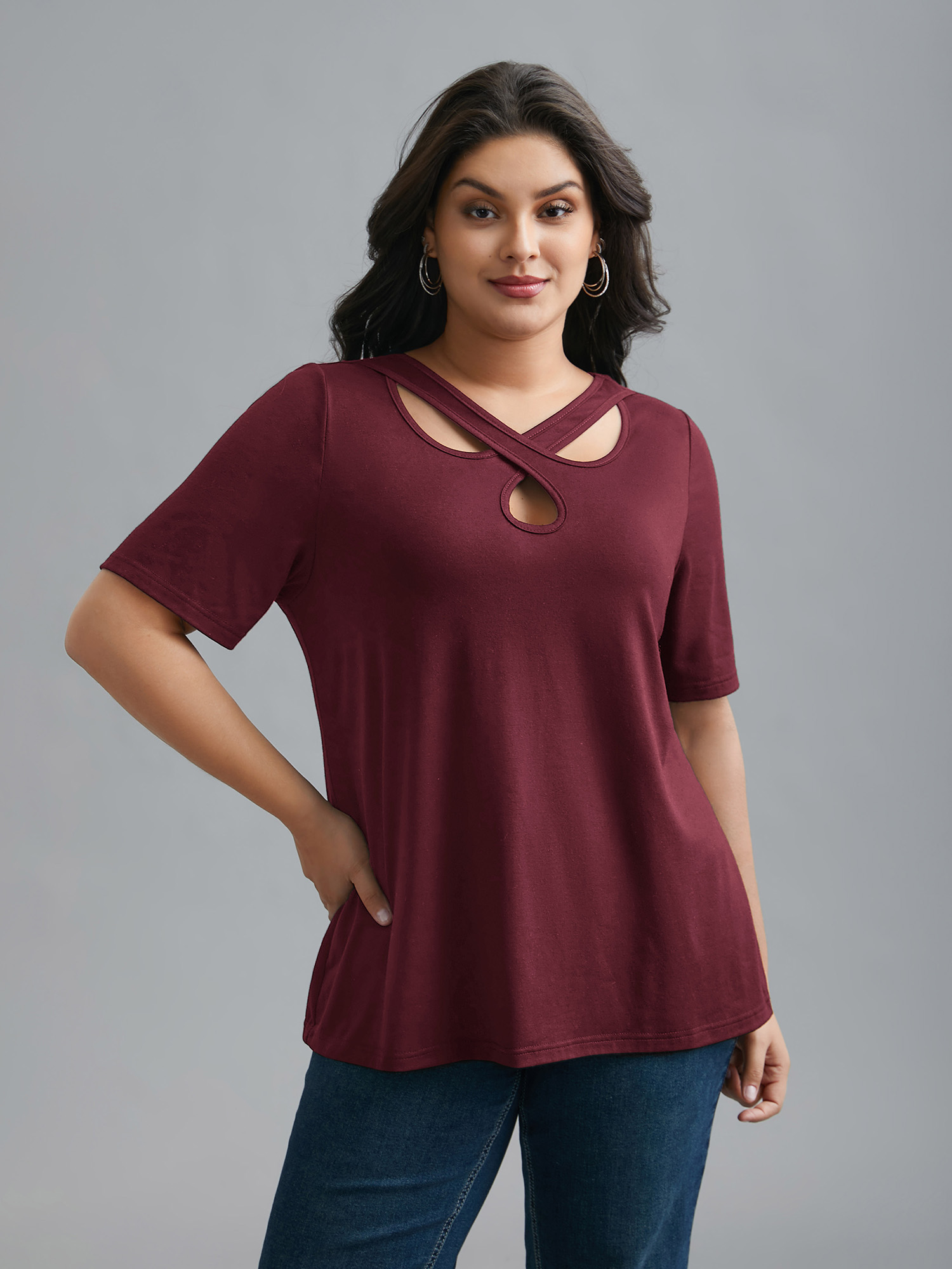 

Plus Size Crossover Keyhole Plain Stretchy T-Shirt Burgundy Women Casual Cut-Out Asymmetrical Neck Everyday T-shirts BloomChic