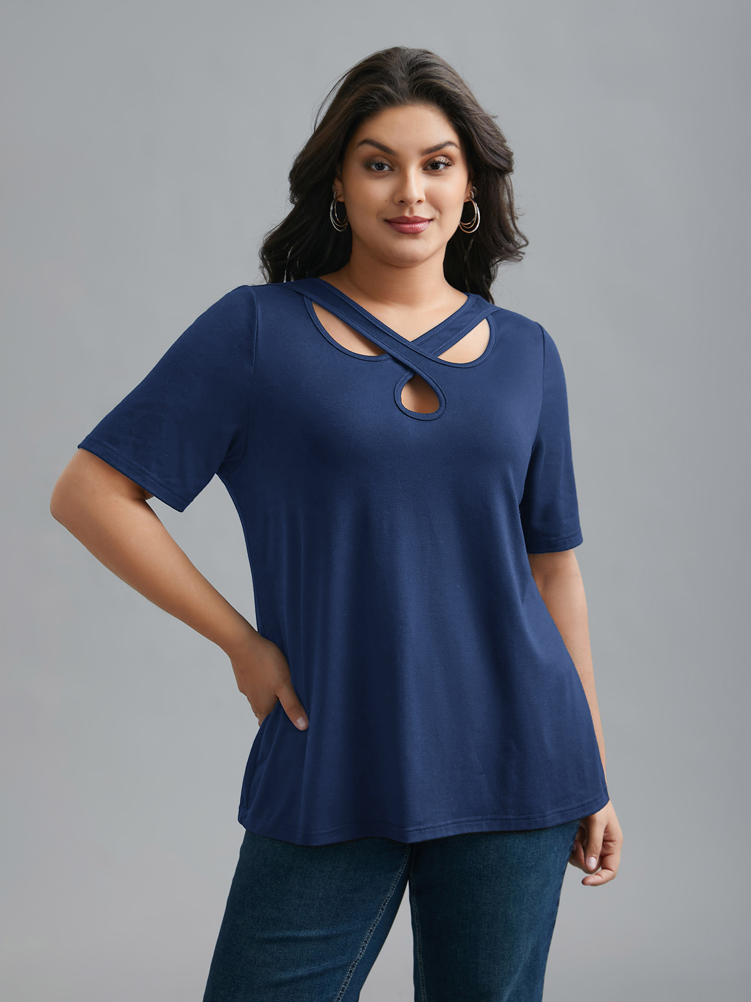 

Plus Size Crossover Keyhole Plain Stretchy T-Shirt Indigo Women Casual Cut-Out Asymmetrical Neck Everyday T-shirts BloomChic