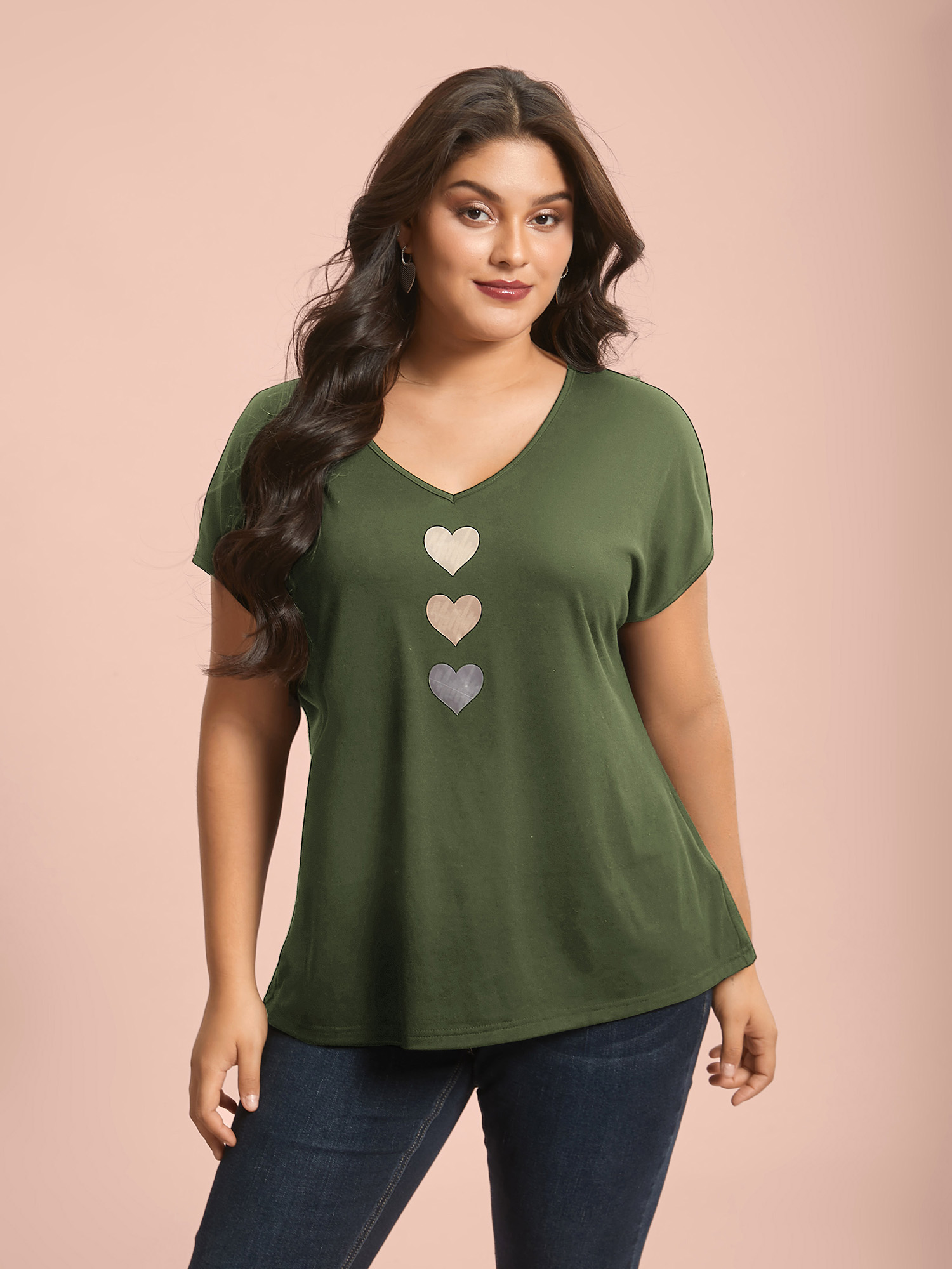 

Plus Size Heart Print Stretchy Dolman Sleeve T-Shirt ArmyGreen Women Casual Non V-neck Everyday T-shirts BloomChic