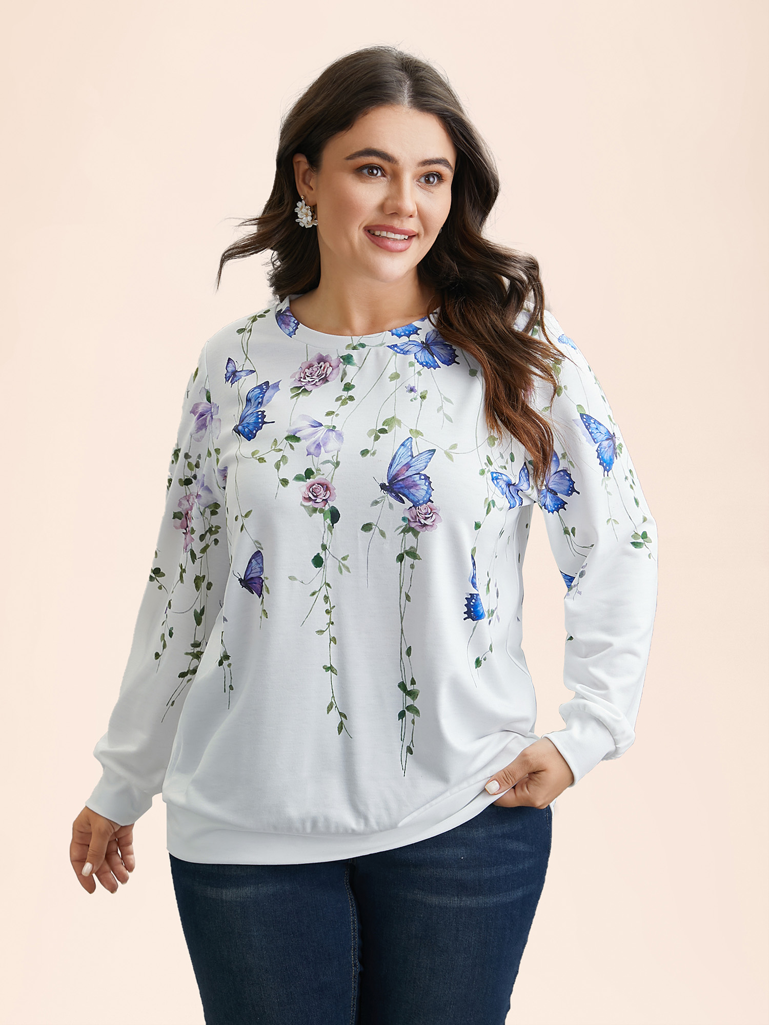 

Plus Size Butterfly Print Stretchy Round Neck Sweatshirt Women WhiteSmoke Elegant Non Round Neck Everyday Sweatshirts BloomChic