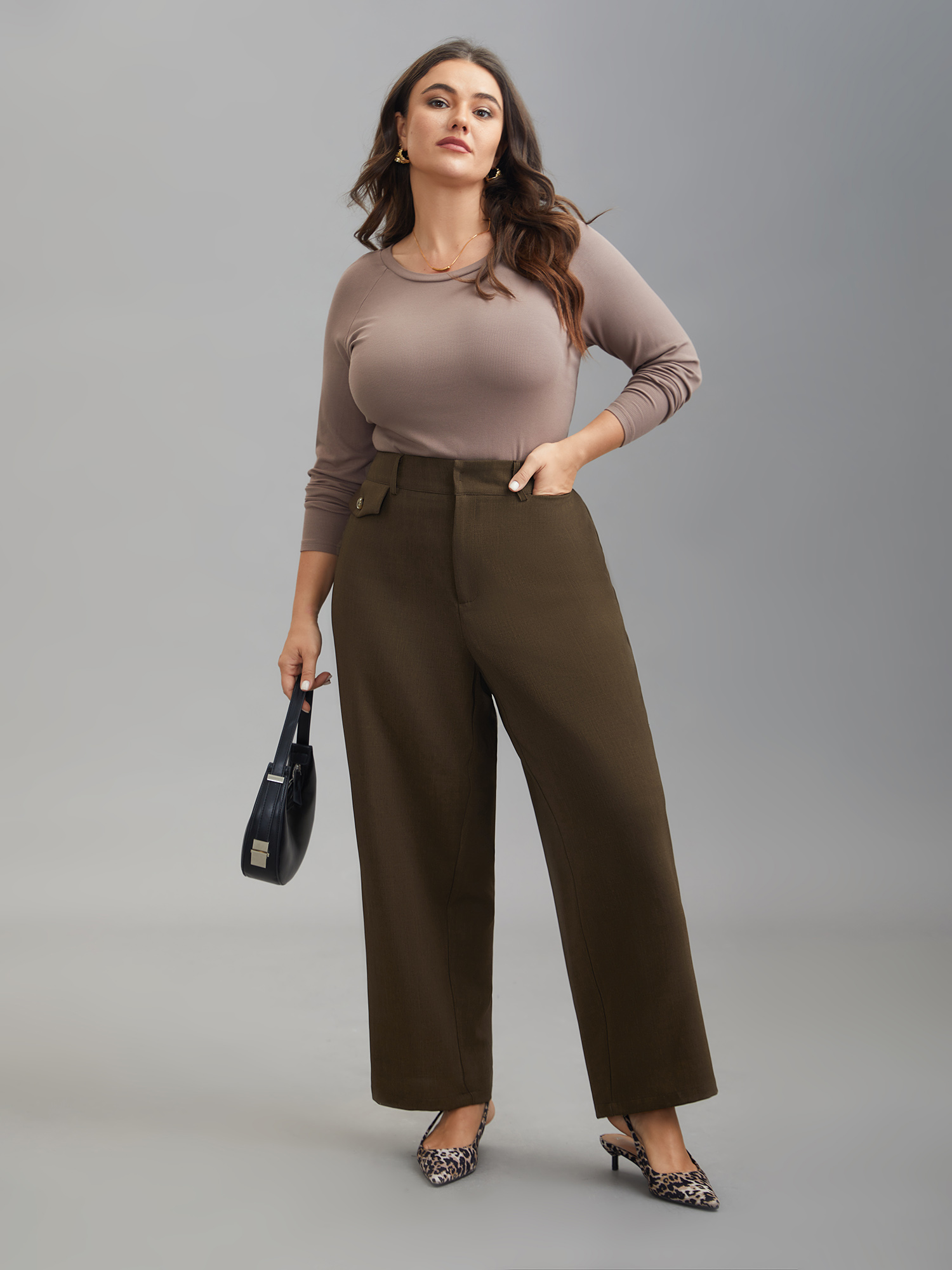 Plus Size Stretchy-Waist Decorative Pockets Straight-Leg Pants Women DarkBrown At the Office Straight Leg Mid Rise Work Pants BloomChic 10/M 