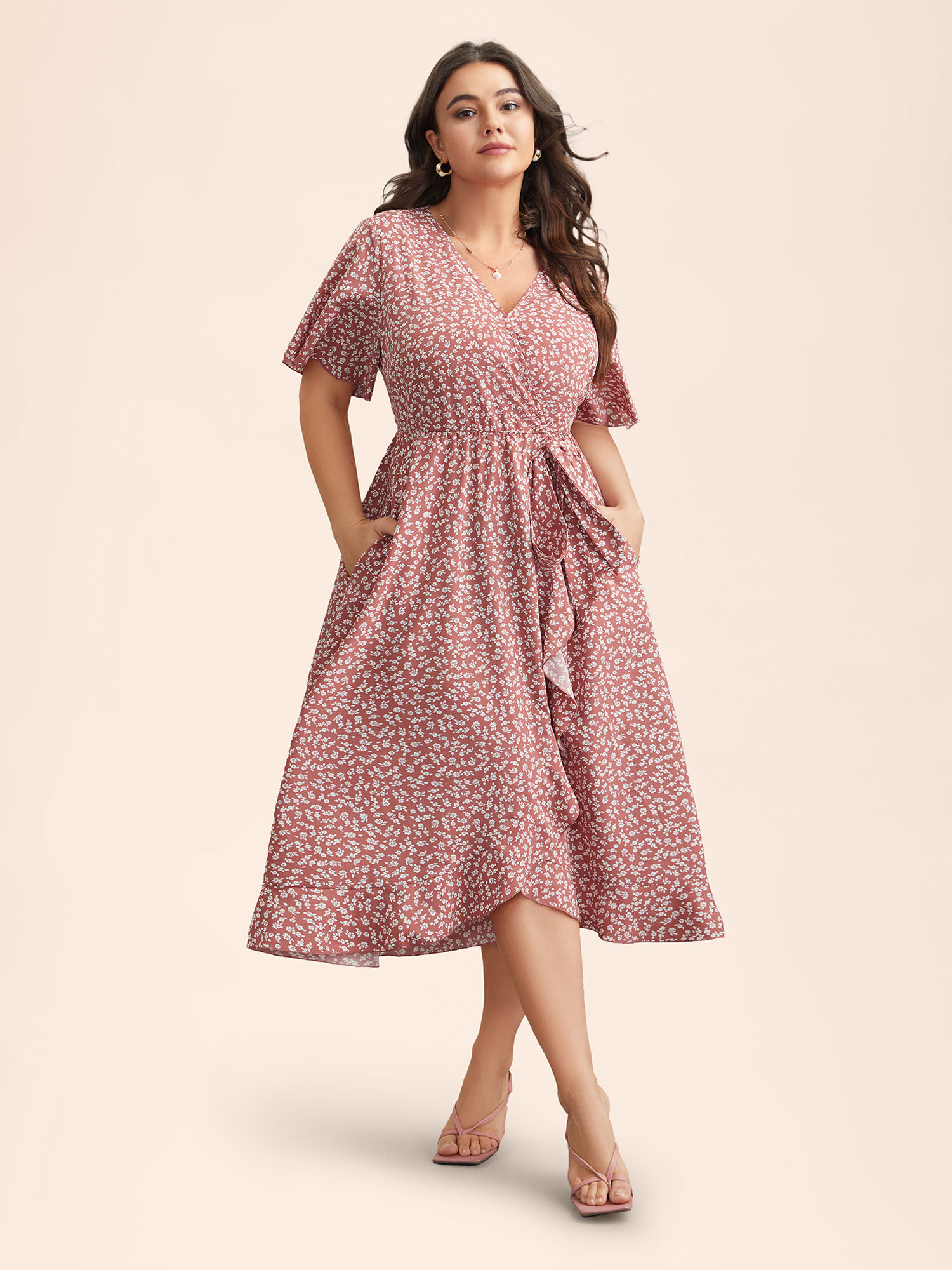 

Plus Size Ditsy Floral Print Stretchy-Waist Ruffle Midi Dress DustyPink Women Elegant Overlapping Overlap Collar Short sleeve Curvy BloomChic