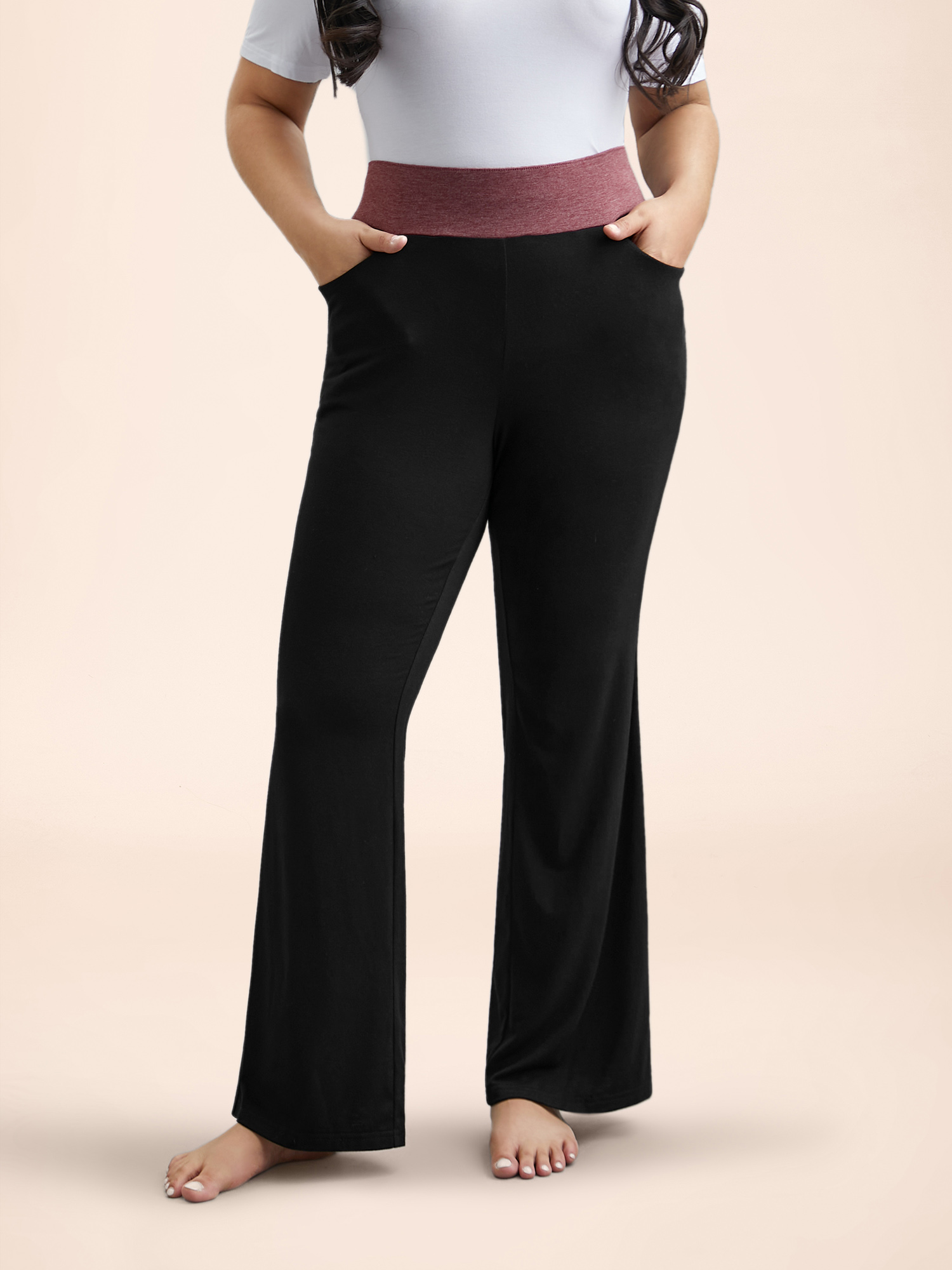 

Plus Size Color-Block Mid Rise Tight Pants Women Black Casual Medium stretch Bootcut Mid Rise Everyday Leggings BloomChic