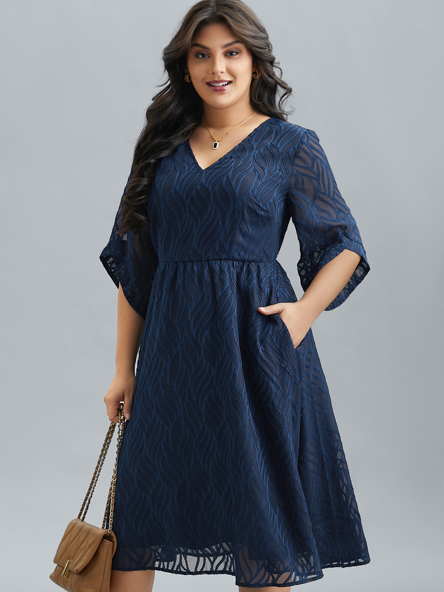 

Plus Size Chiffon Textured Sheer Sleeve Midi Dress Navy Women At the Office Texture V-neck Elbow-length sleeve Curvy BloomChic