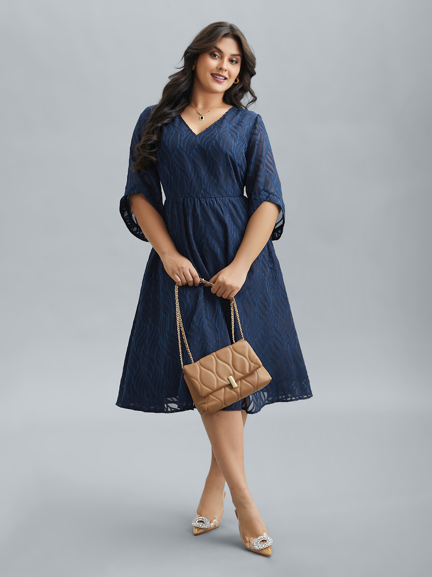 

Plus Size Chiffon Textured Sheer Sleeve Midi Dress Navy Women At the Office Texture V-neck Elbow-length sleeve Curvy BloomChic