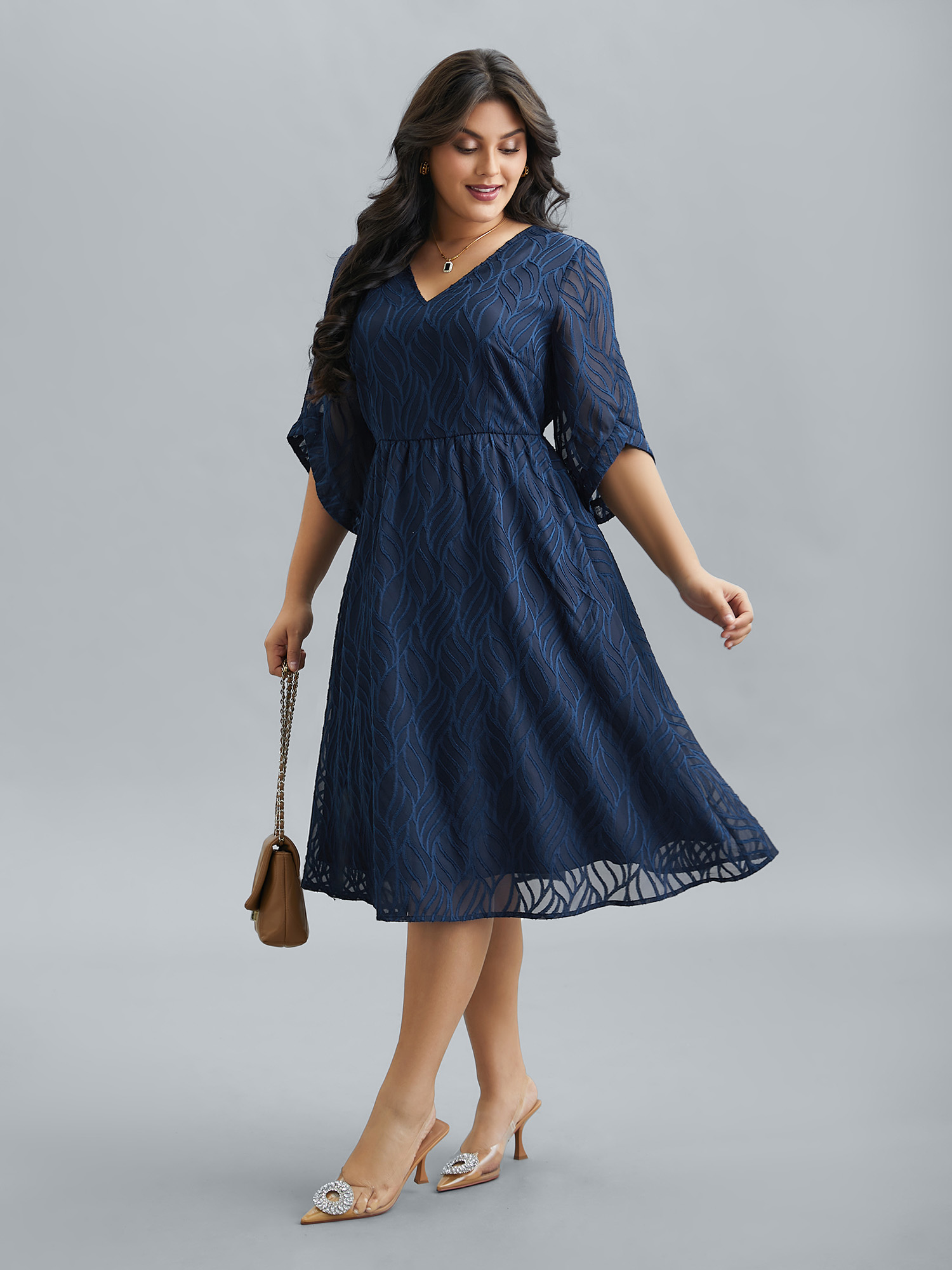 Plus Size Chiffon Textured Sheer Sleeve Midi Dress Navy Women At the Office Texture V-neck Elbow-length sleeve Curvy BloomChic 14-16/1X 