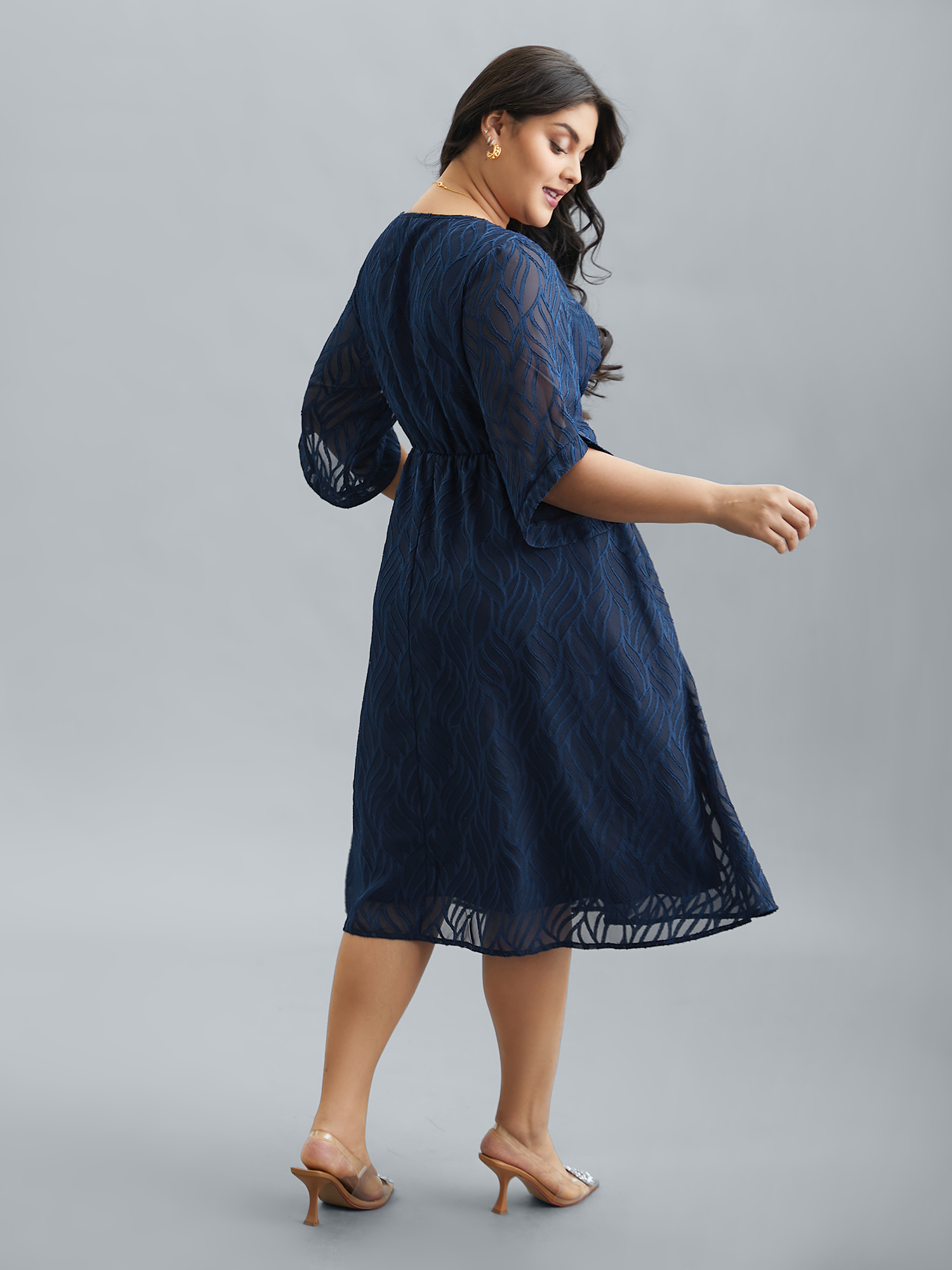 Plus Size Chiffon Textured Sheer Sleeve Midi Dress Navy Women At the Office Texture V-neck Elbow-length sleeve Curvy BloomChic 14-16/1X 