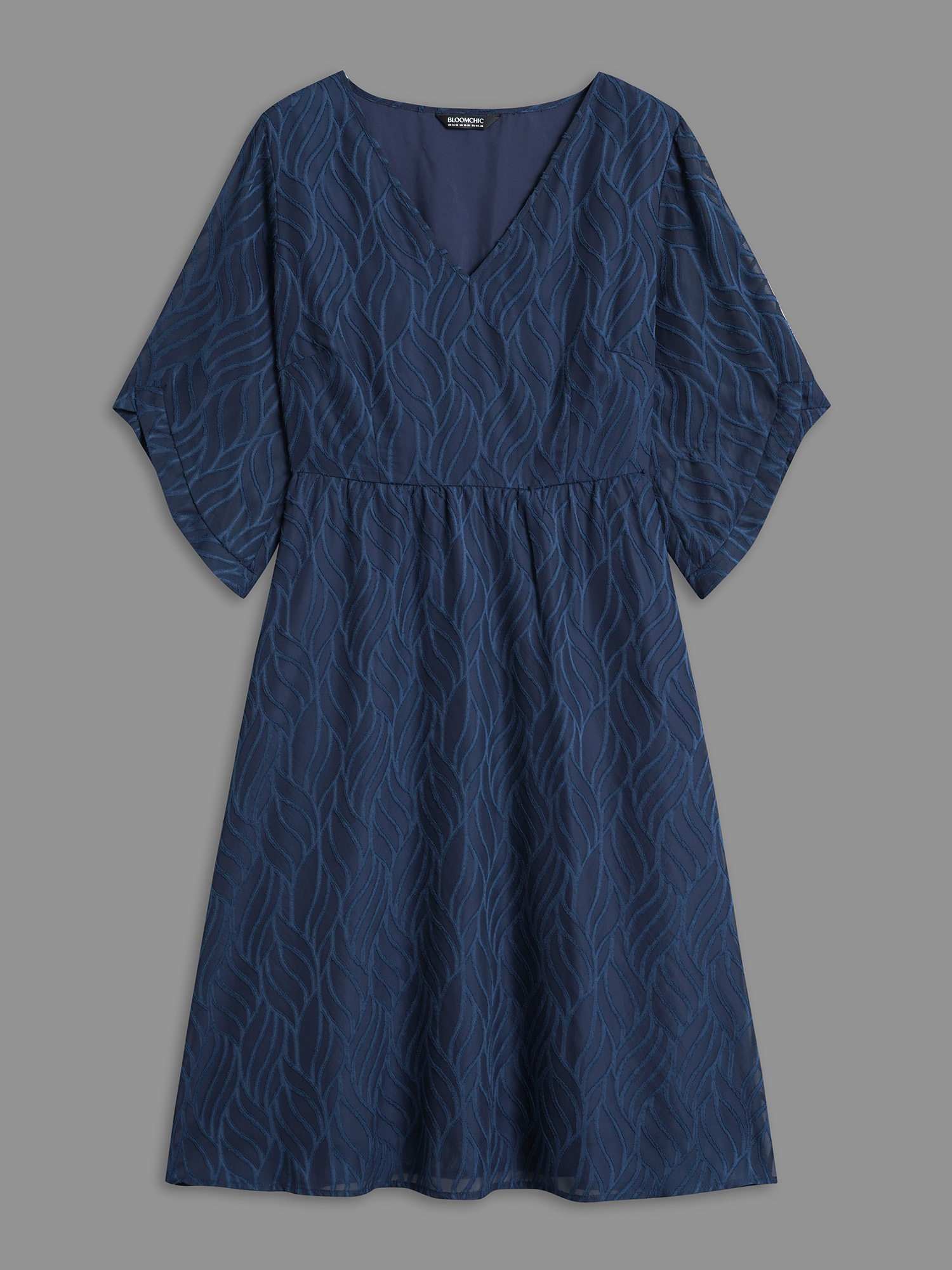 Plus Size Chiffon Textured Sheer Sleeve Midi Dress Navy Women At the Office Texture V-neck Elbow-length sleeve Curvy BloomChic 14-16/1X 