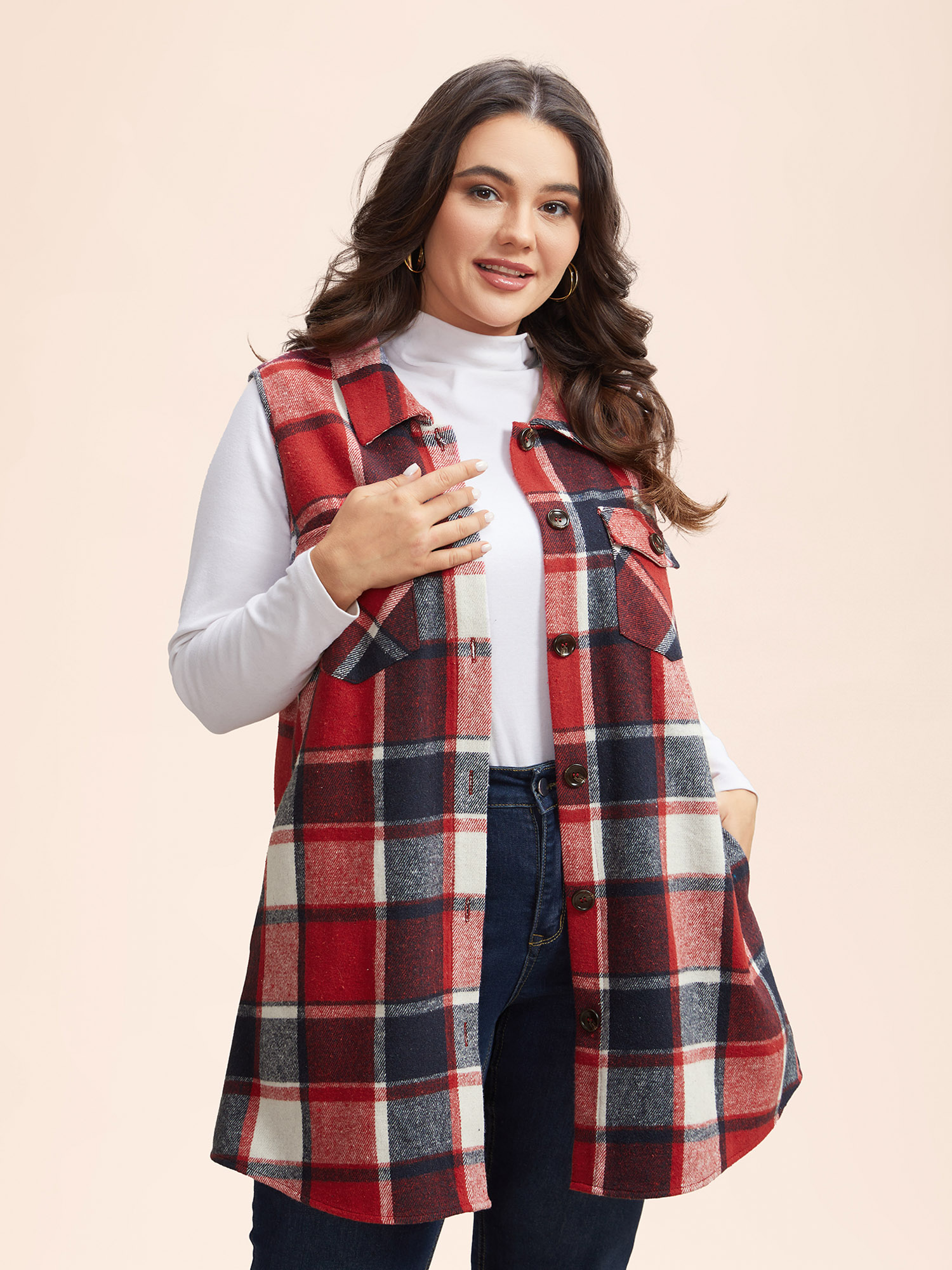 

Plus Size Plaid Flap Detail Sleeveless Jacket Women Scarlet Button Side seam pocket Everyday Jackets BloomChic