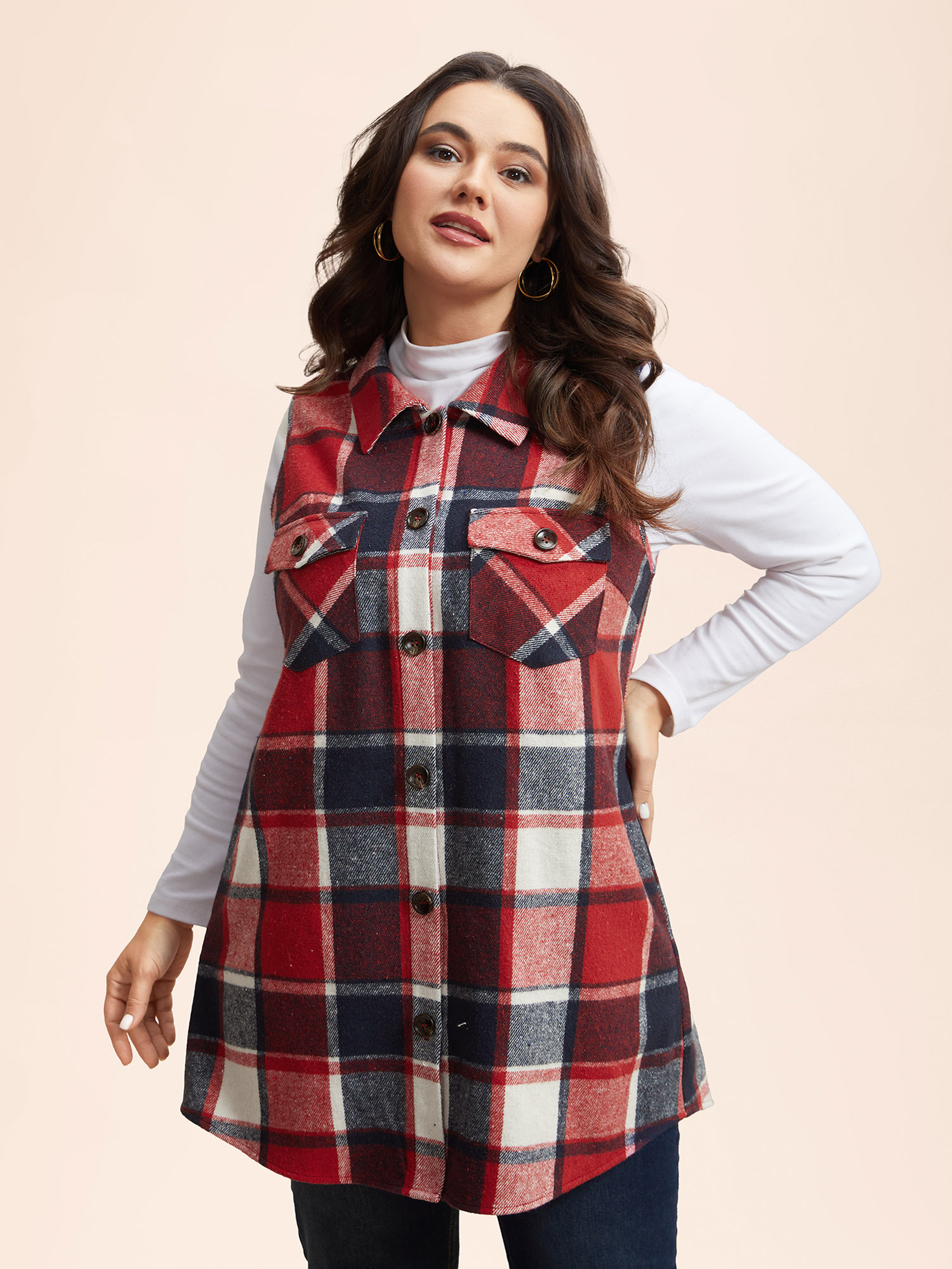 

Plus Size Plaid Flap Detail Sleeveless Jacket Women Scarlet Button Side seam pocket Everyday Jackets BloomChic