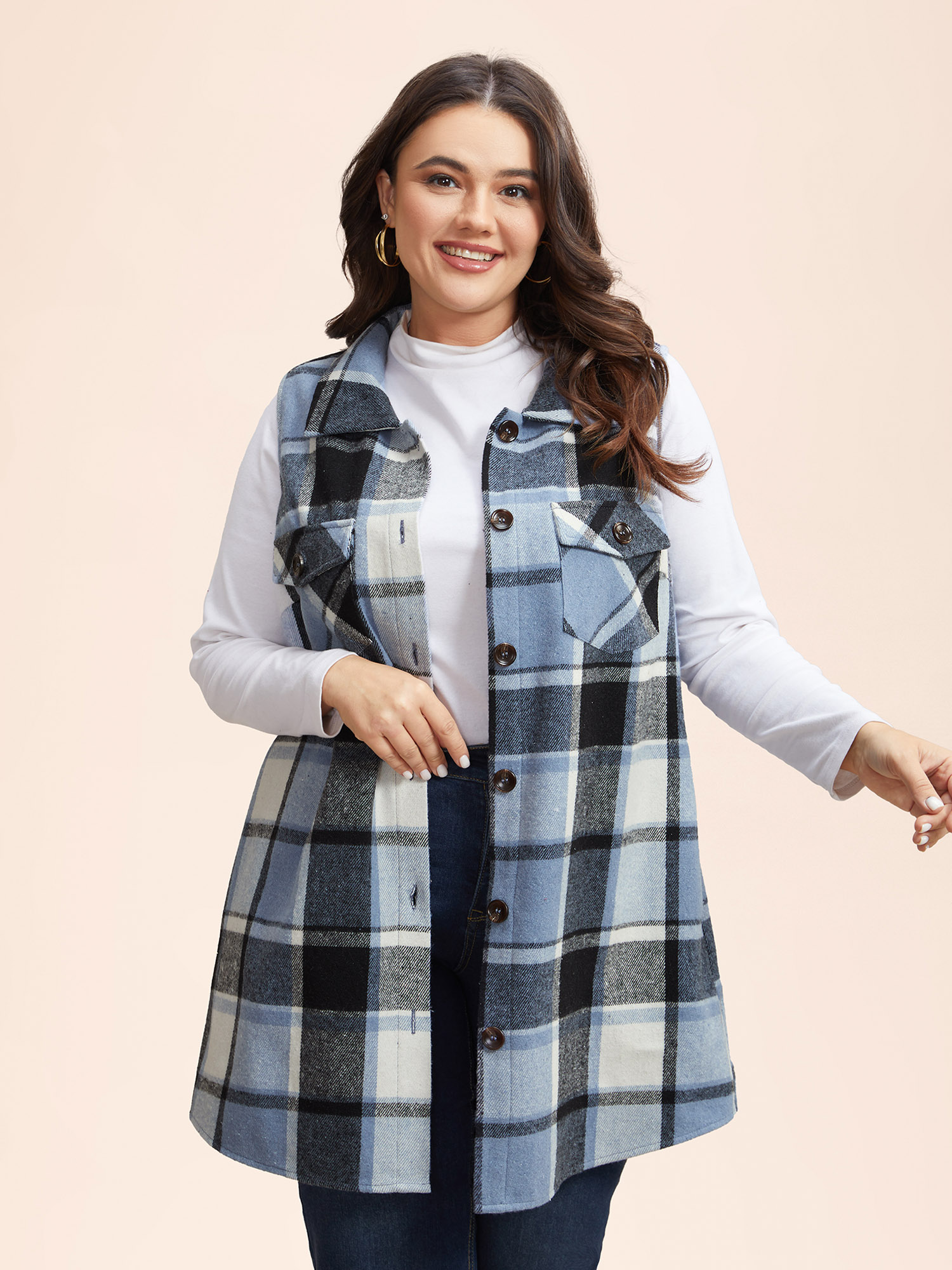 

Plus Size Plaid Flap Detail Sleeveless Jacket Women Stone Button Side seam pocket Everyday Jackets BloomChic