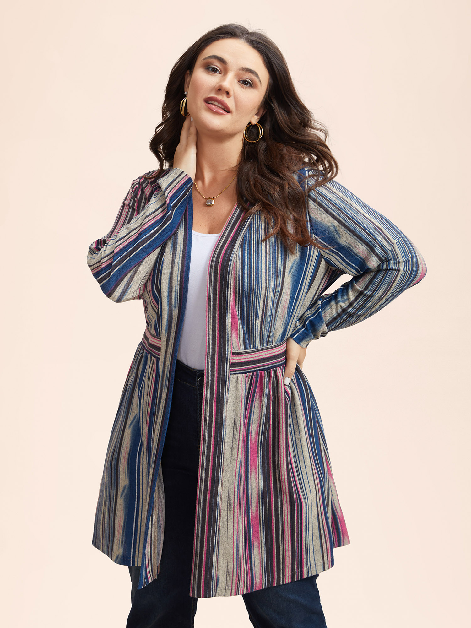 

Plus Size Colored Striped Open Front Waist Defining Jacket Women DarkBlue Contrast Bodycon Side seam pocket Everyday Jackets BloomChic