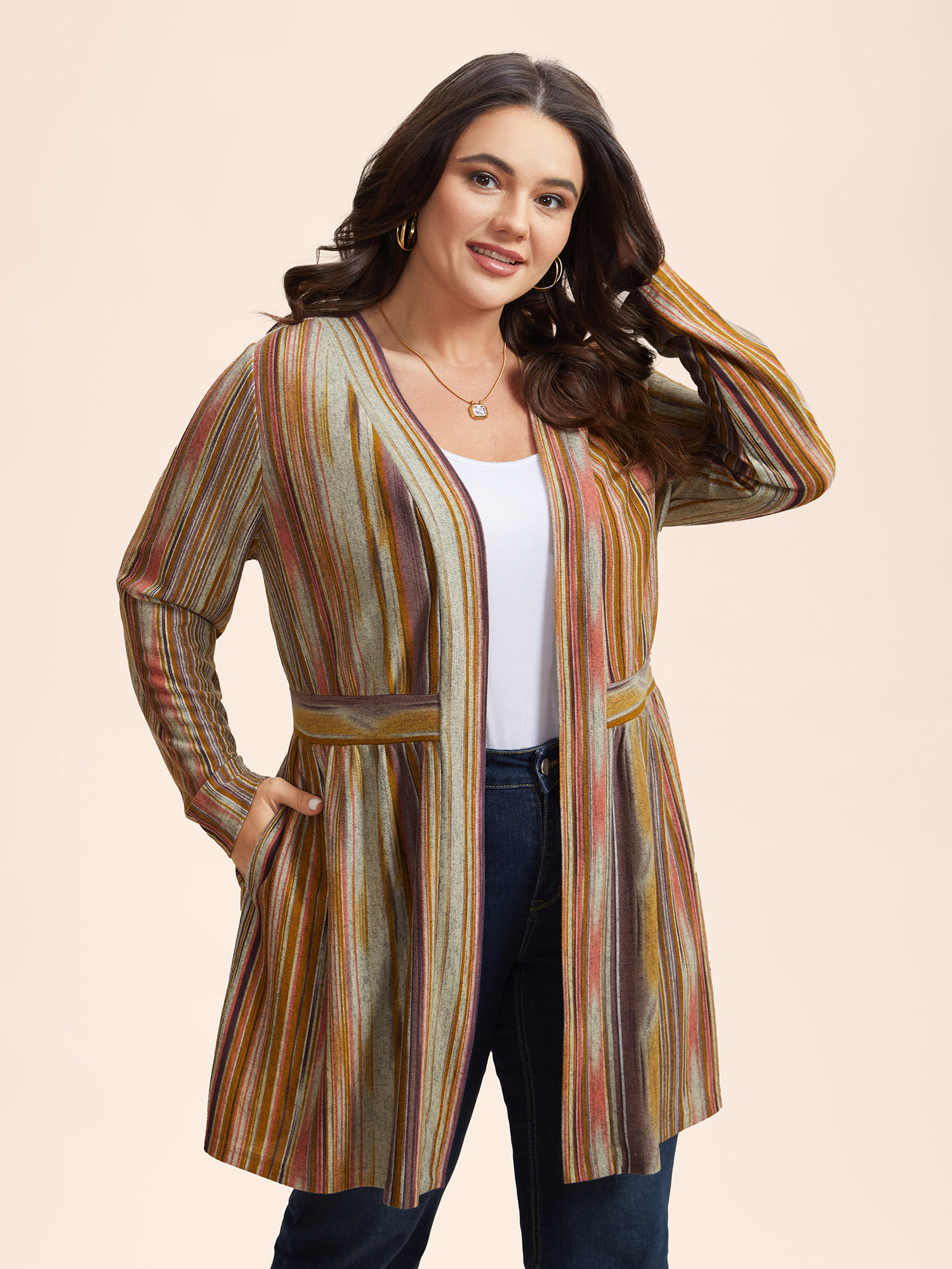 

Plus Size Colored Striped Open Front Waist Defining Jacket Women Watermelon Contrast Bodycon Side seam pocket Everyday Jackets BloomChic