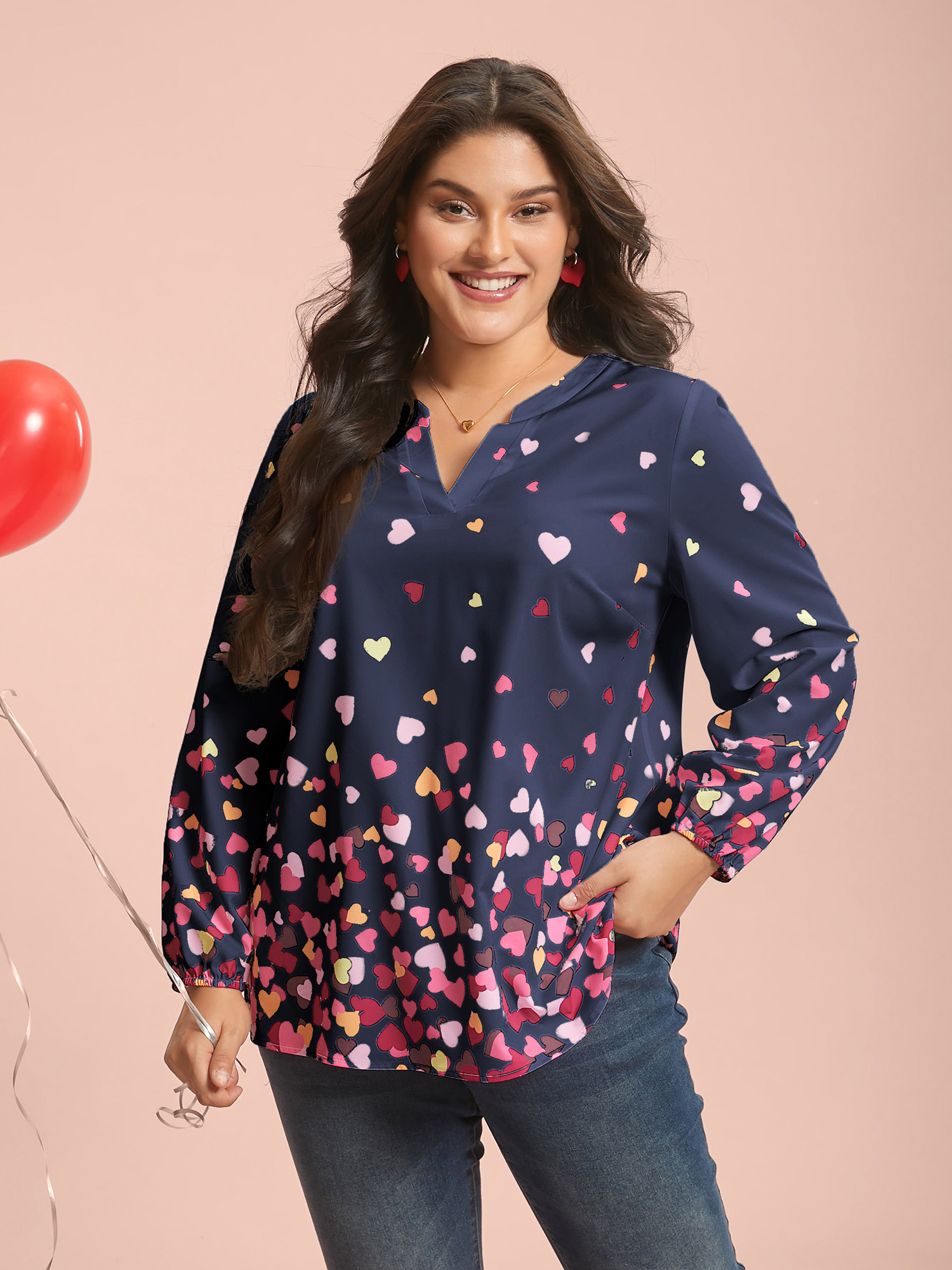 

Plus Size Indigo Notched Collar Multi-Color Hearts Blouse Women Elegant Extra Long Sleeve Flat collar with V-notch Everyday Blouses BloomChic