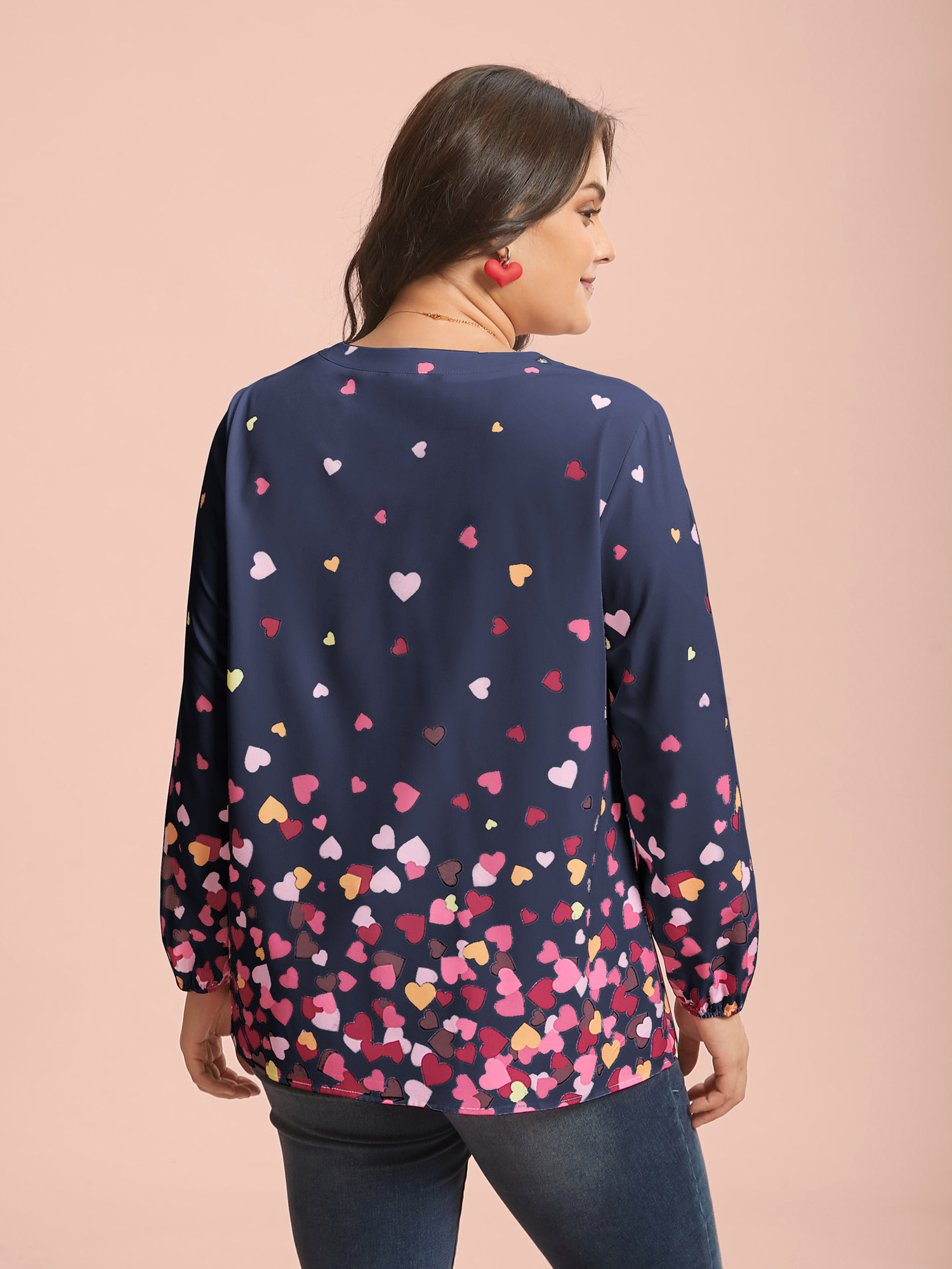 

Plus Size Indigo Notched Collar Multi-Color Hearts Blouse Women Elegant Extra Long Sleeve Flat collar with V-notch Everyday Blouses BloomChic