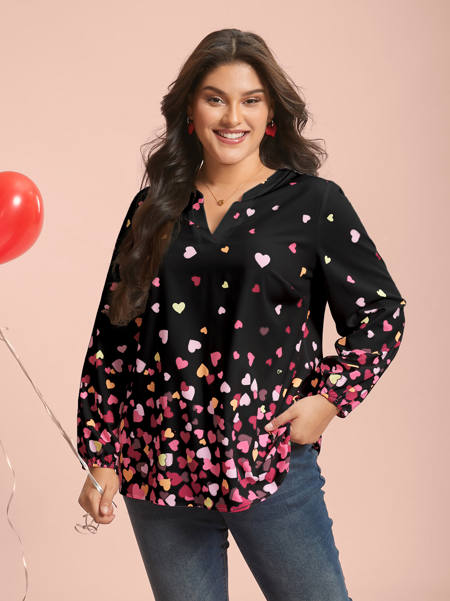 

Plus Size Black Notched Collar Multi-Color Hearts Blouse Women Elegant Extra Long Sleeve Flat collar with V-notch Everyday Blouses BloomChic