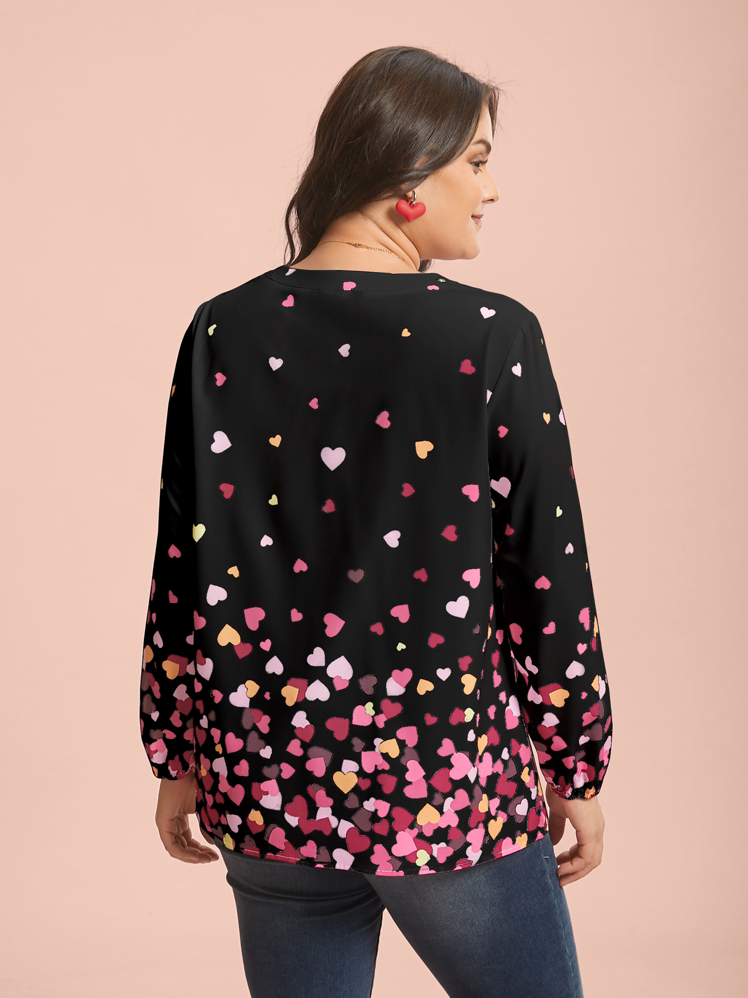 

Plus Size Black Notched Collar Multi-Color Hearts Blouse Women Elegant Extra Long Sleeve Flat collar with V-notch Everyday Blouses BloomChic