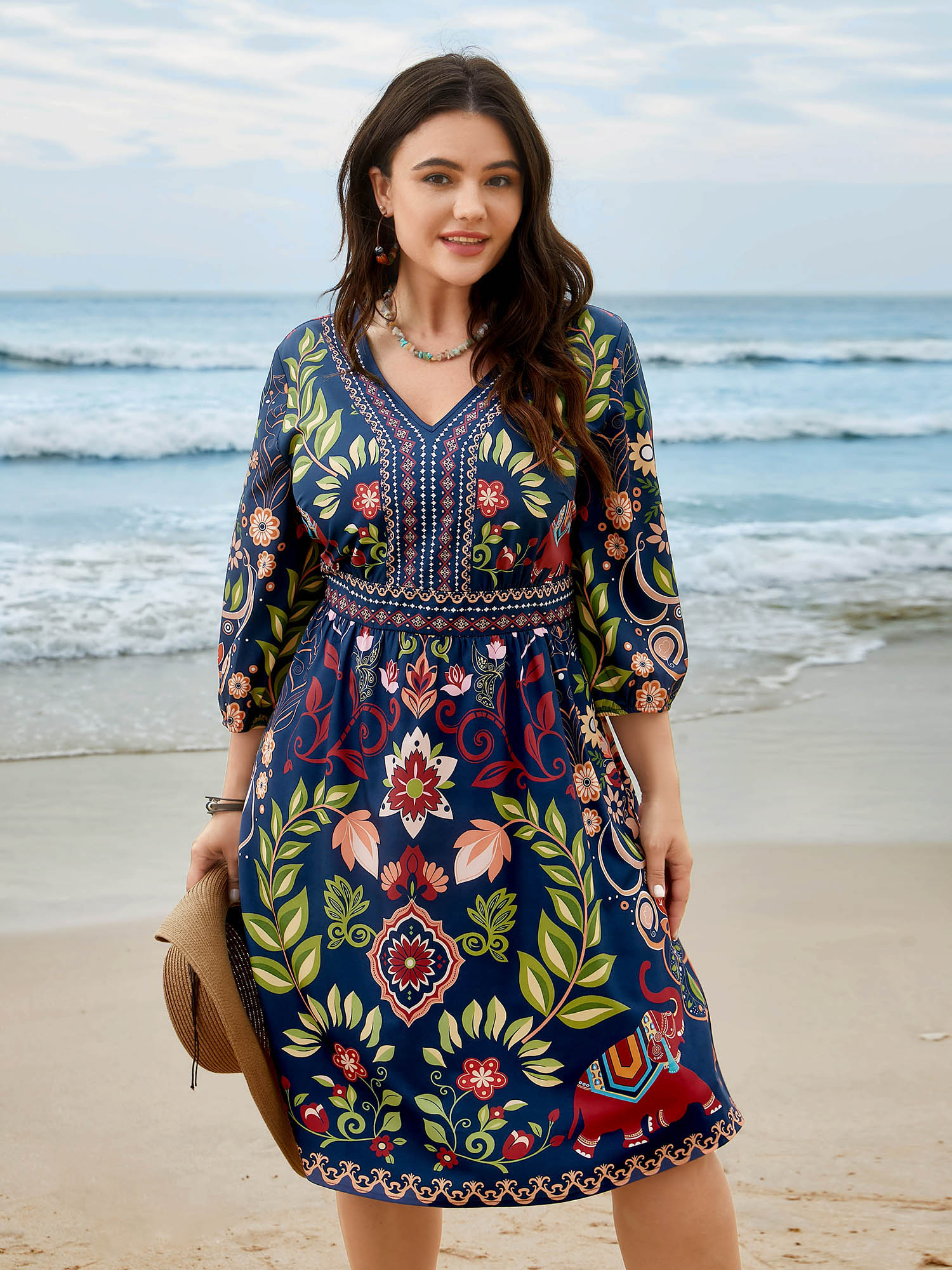 

Plus Size Boho Print V-Neck Pockets Midi Dress DarkBlue Women Resort Non V-neck Elbow-length sleeve Curvy BloomChic